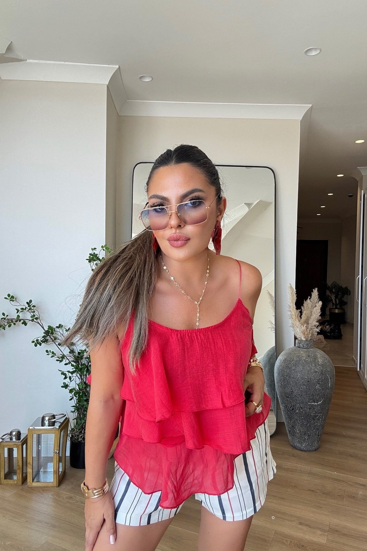 Vual Kumaş Volanlı Bluz Nar çiçeği