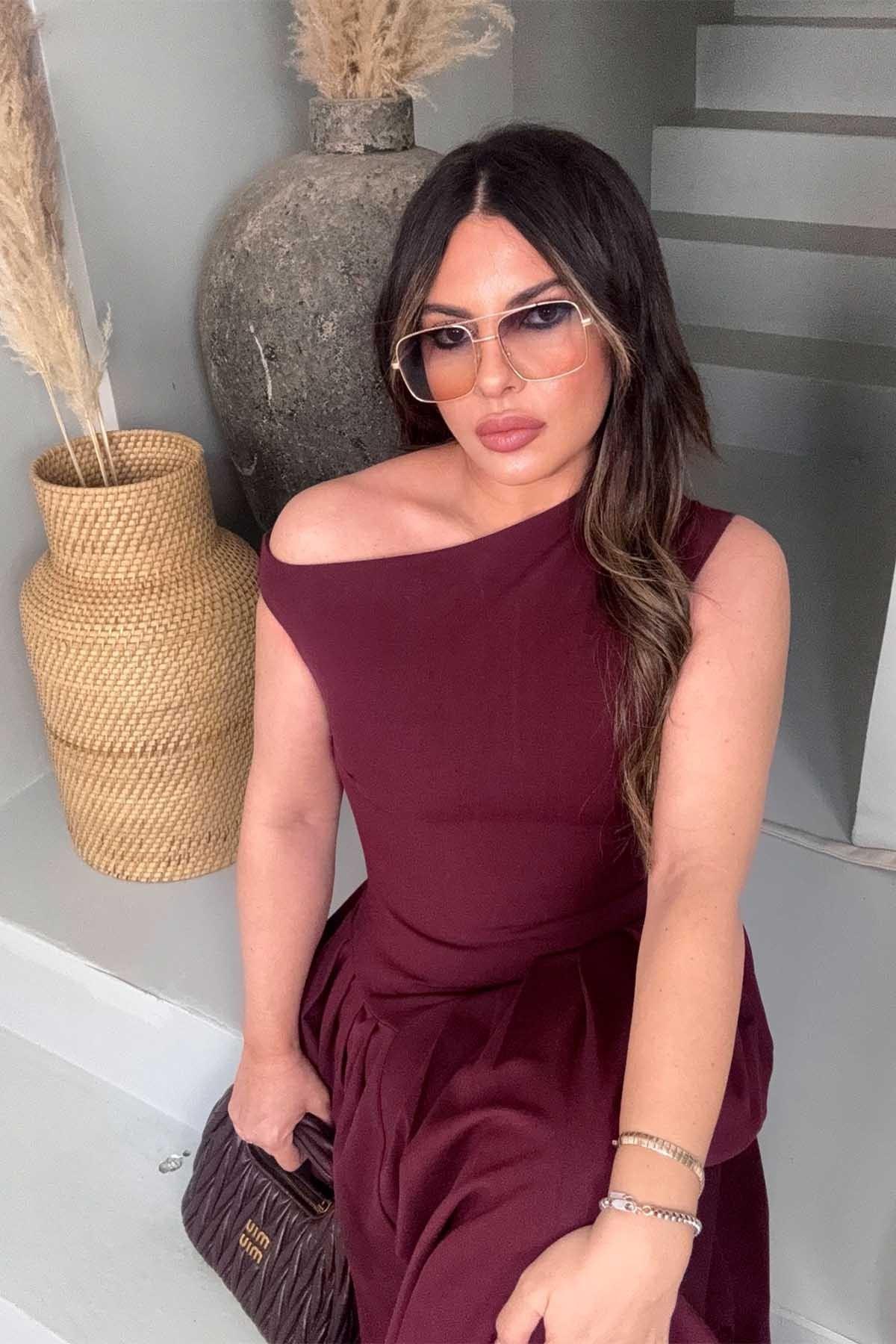 Yaka Detay Kloş Pileli Elbise Bordo