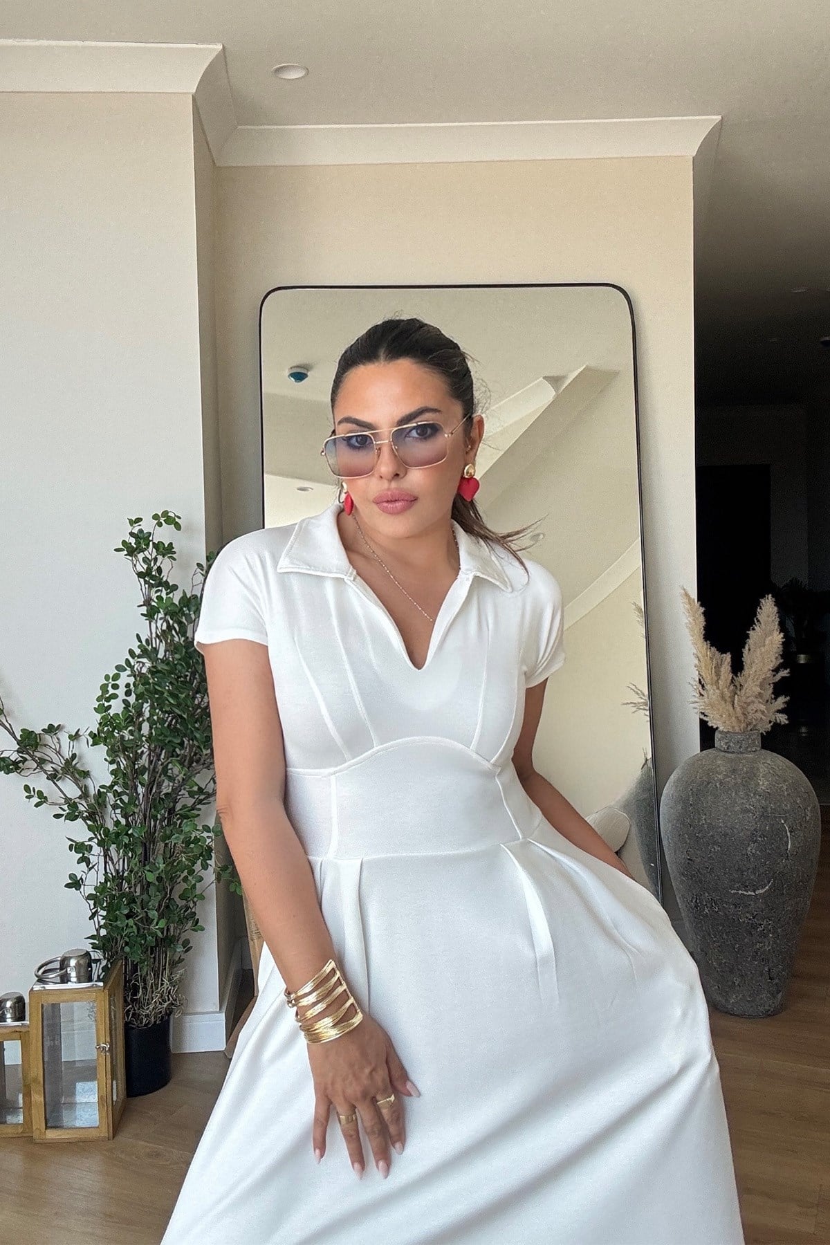 Yakalı Modal Elbise Ekru