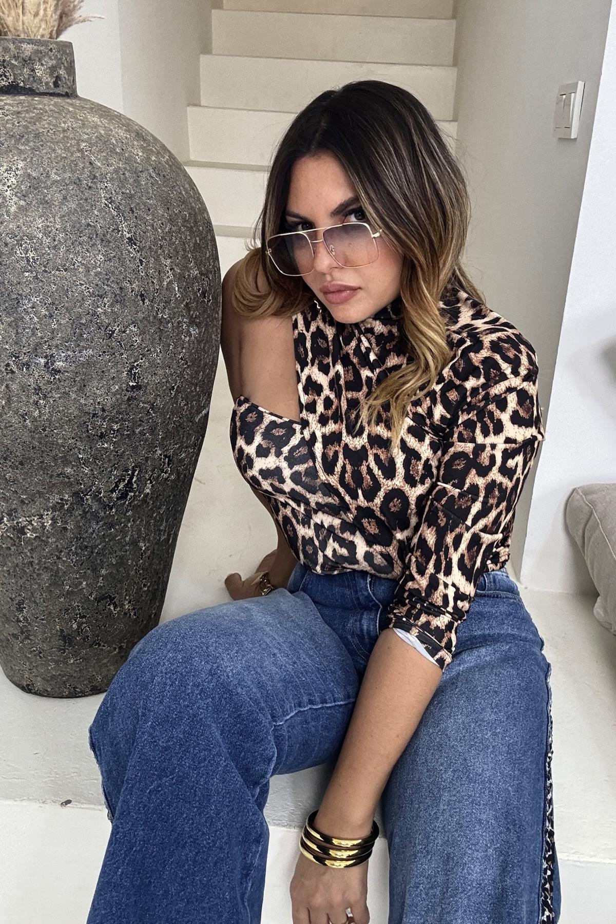 Yanları Leopar Şeritli Jean Mavi