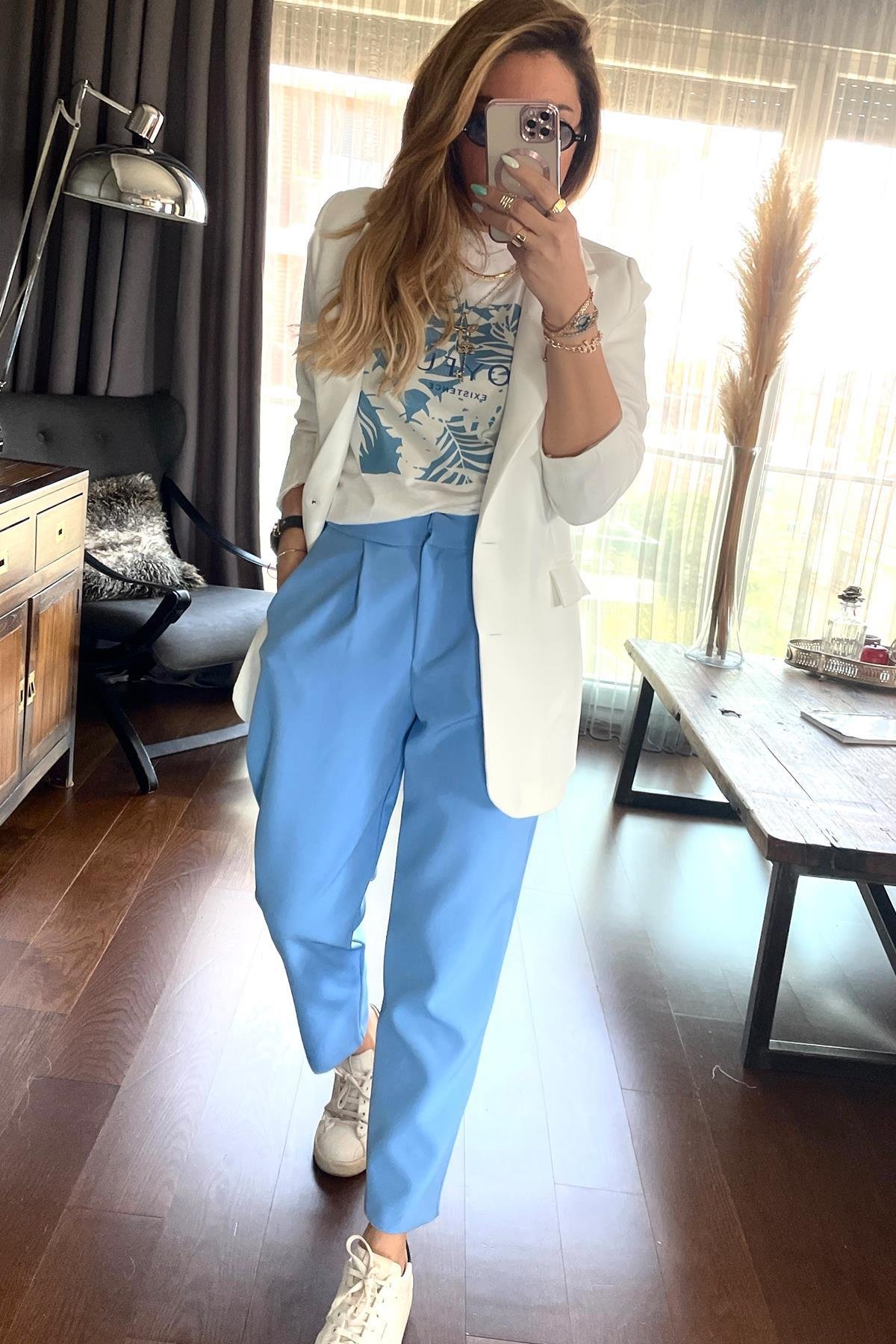 Yaprak Baskılı Tshirt Mavi