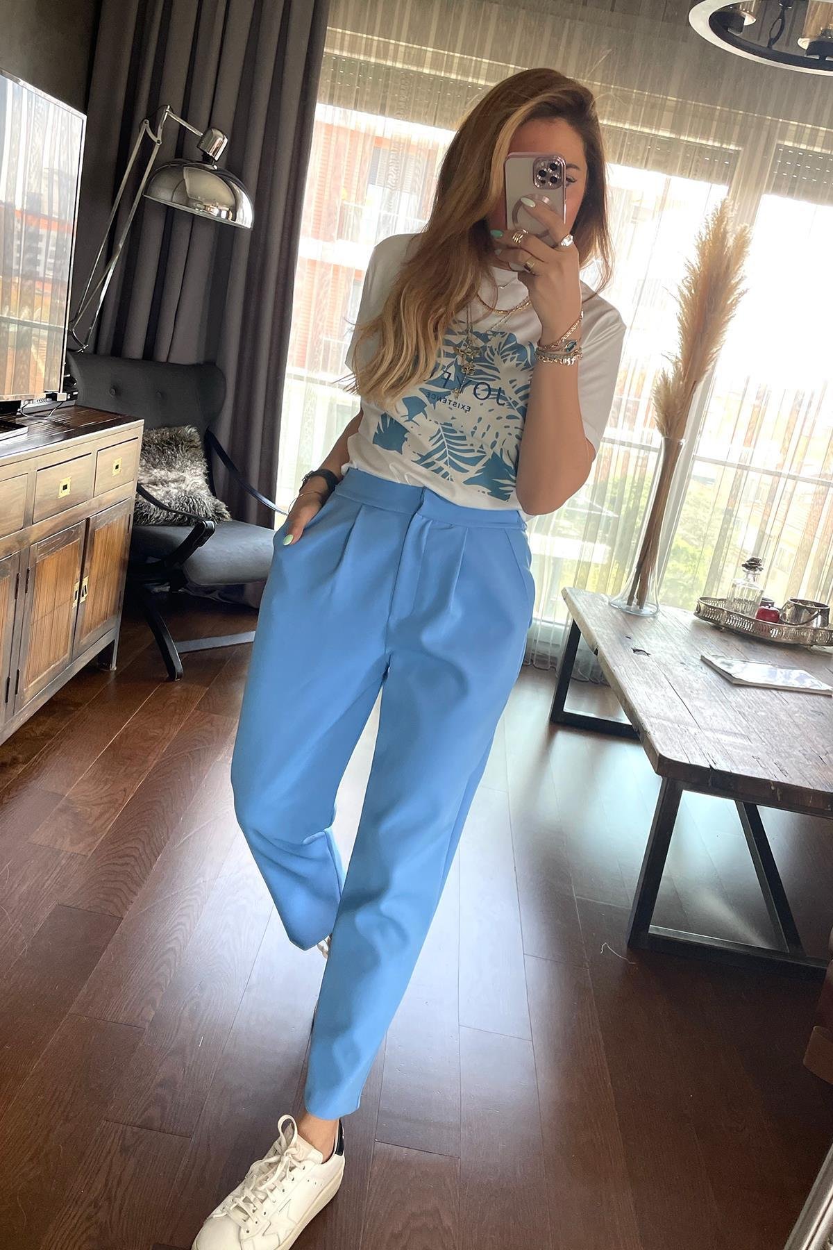 Yaprak Baskılı Tshirt Mavi
