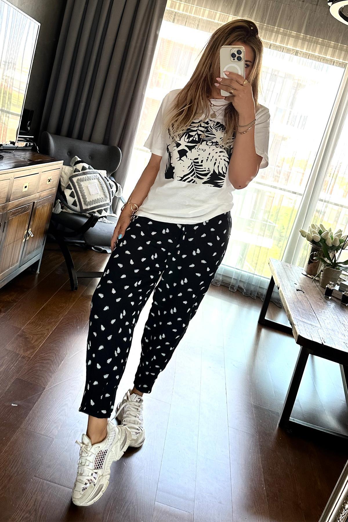 Yaprak Desen Joyful Tshirt Ekru