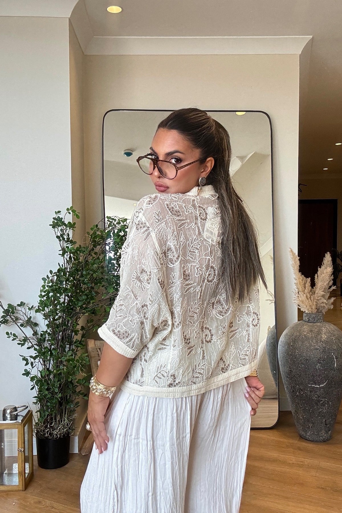 Yarı Transparan İşlemeli Pamuk Ceket Vizon