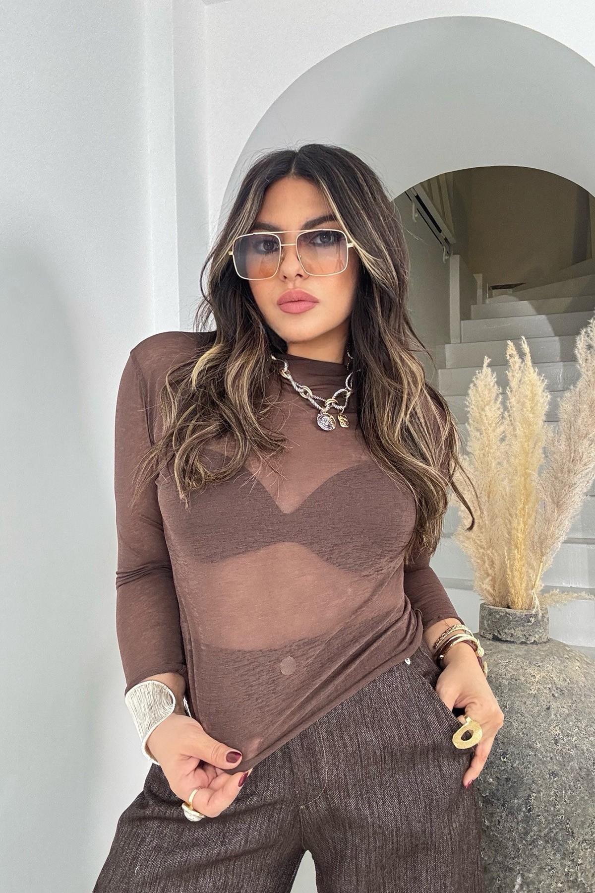 Yarı Transparan Kırçıllı Tül Bluz Acı Kahve