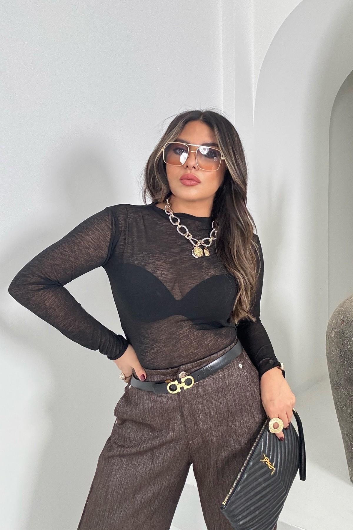 Yarı Transparan Kırçıllı Tül Bluz Siyah