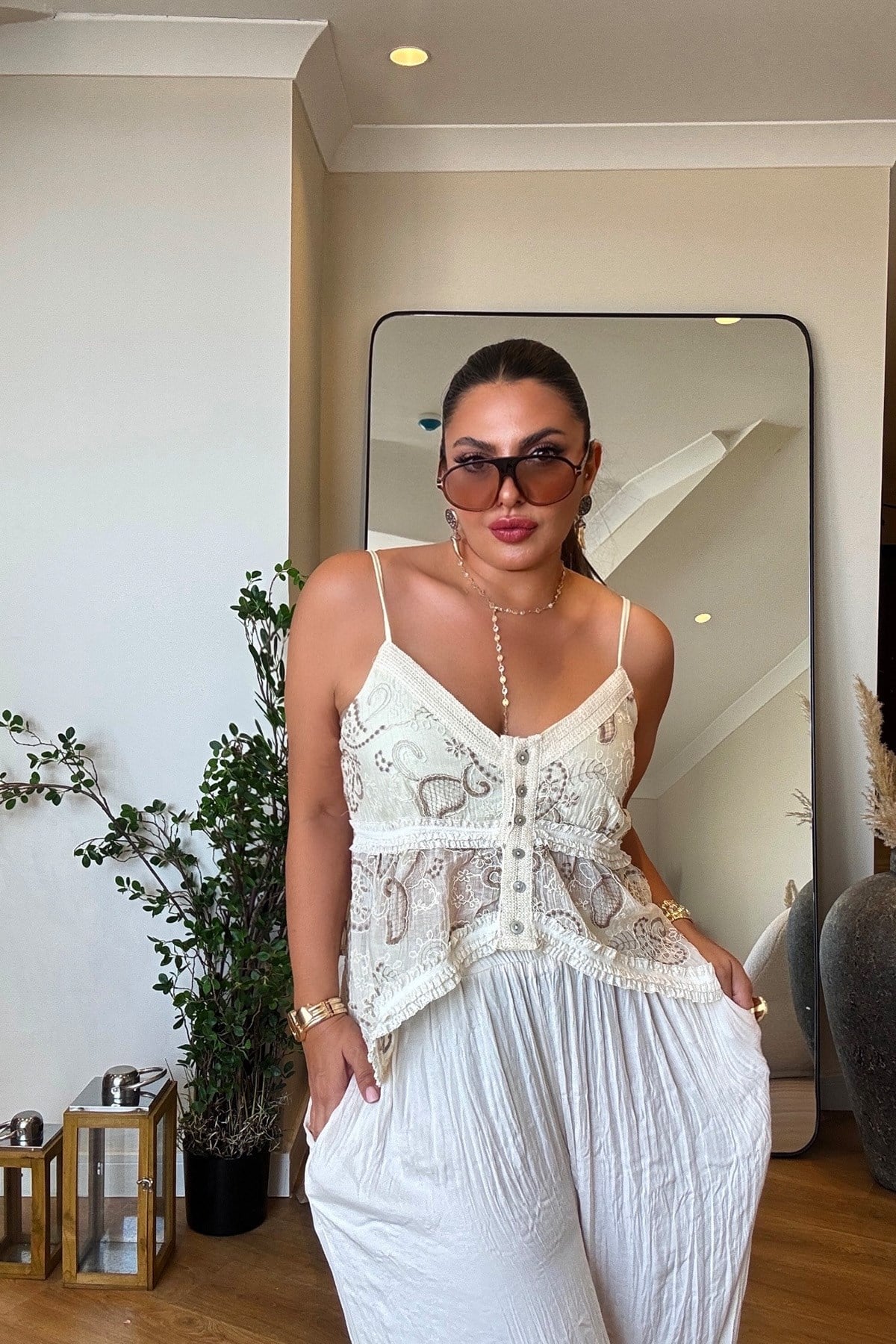 Yarı Transparan Pamuk Bluz Vizon