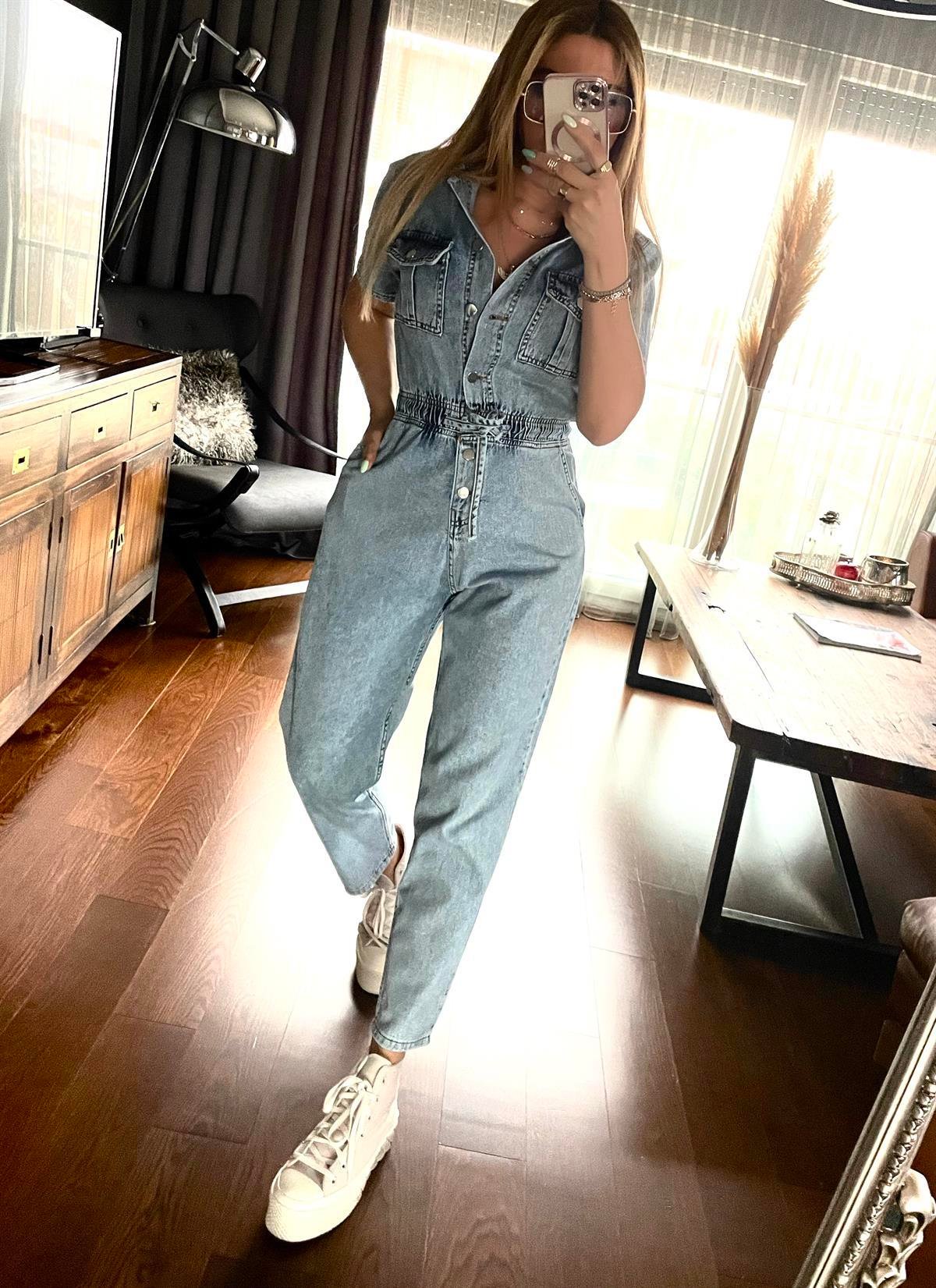 Yıkamalı Beli Lastik Jean Tulum Mavi
