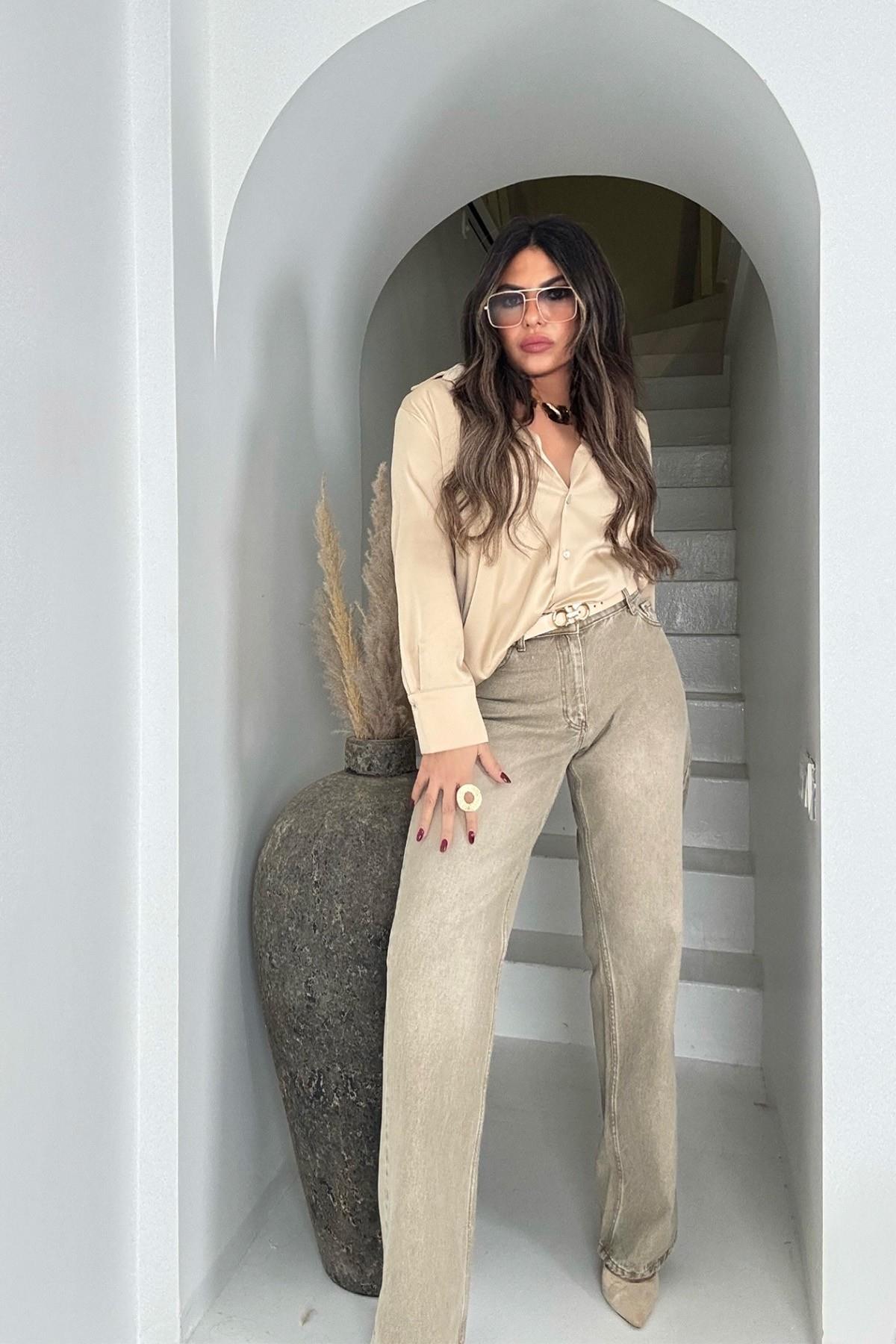 Yıkamalı Bol Paça Jean Bej