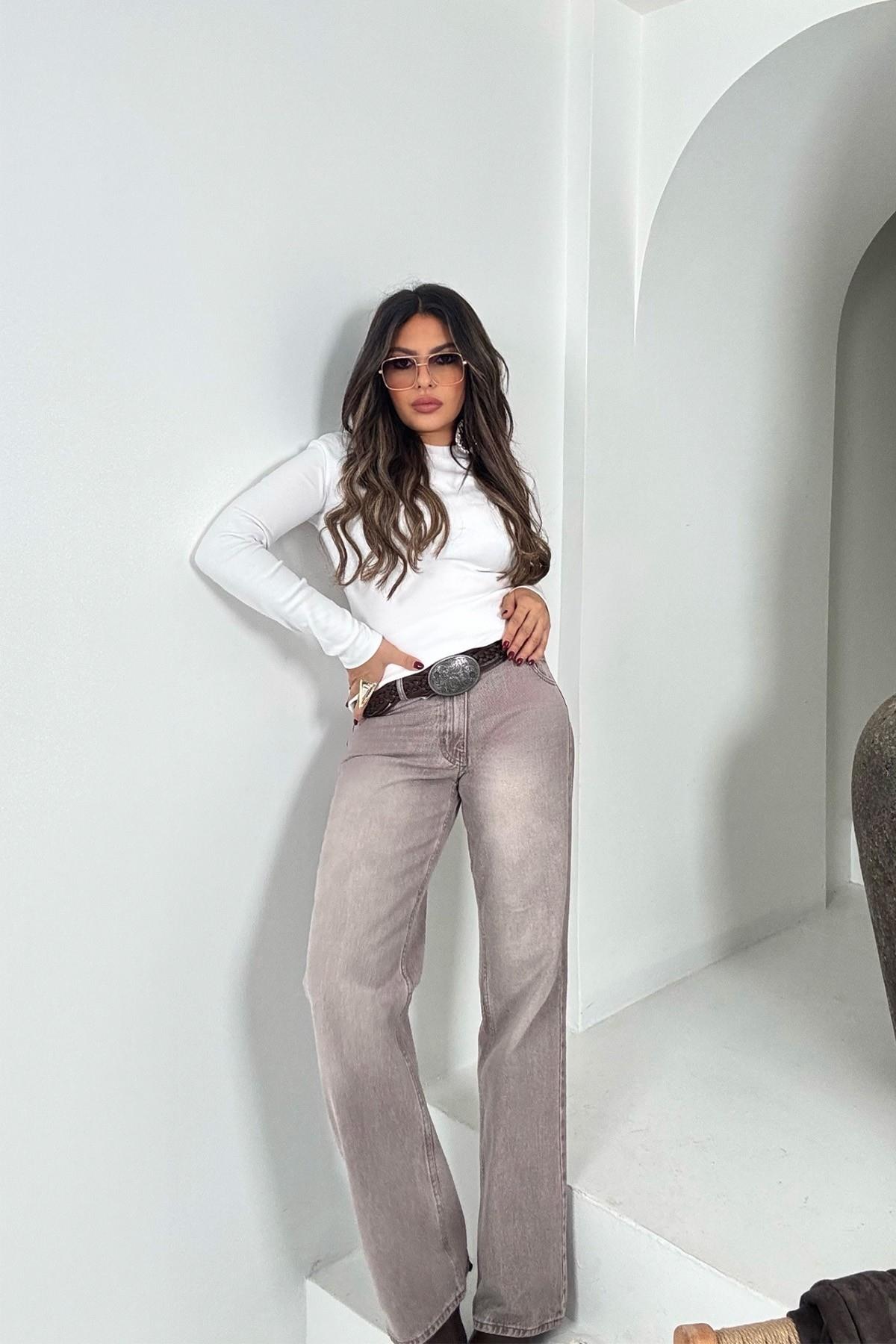 Yıkamalı Bol Paça Jean Bordo