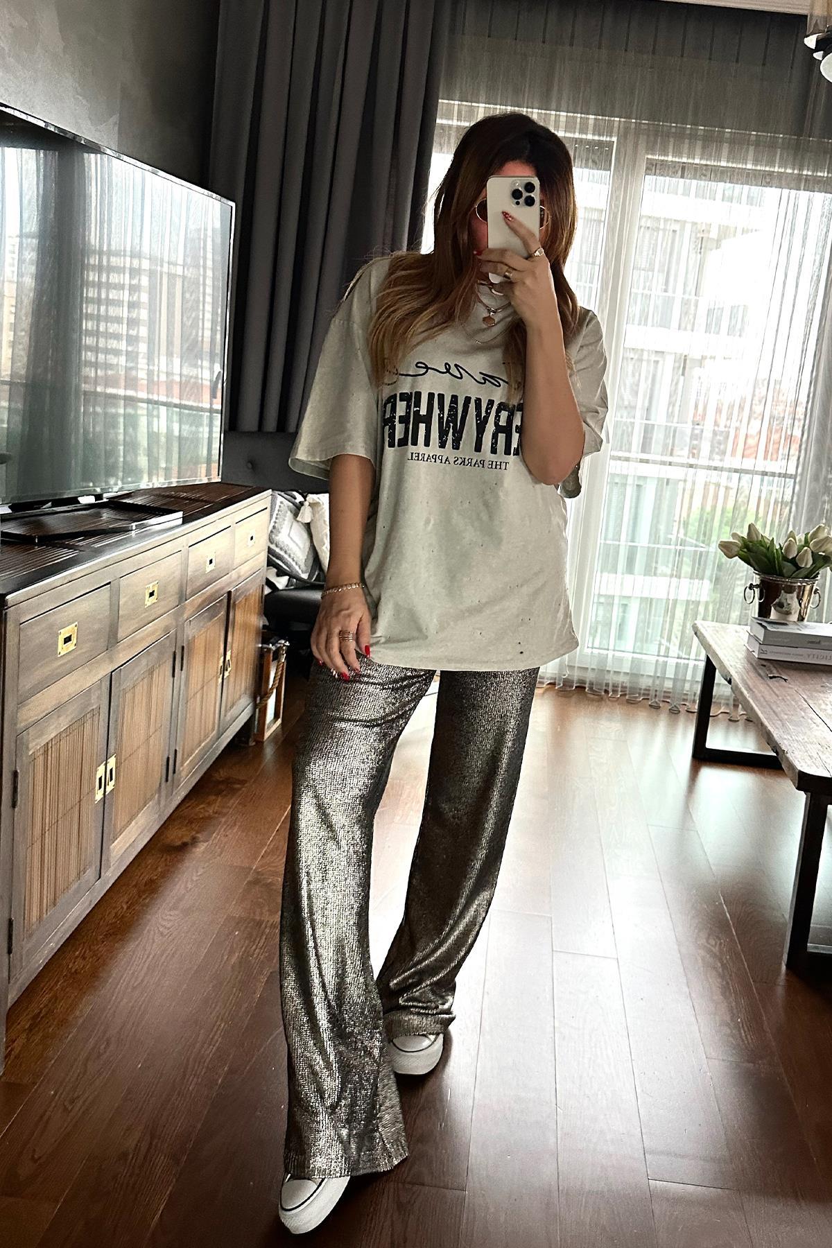 Yıkamalı Delikli Oversize Tshirt Taş