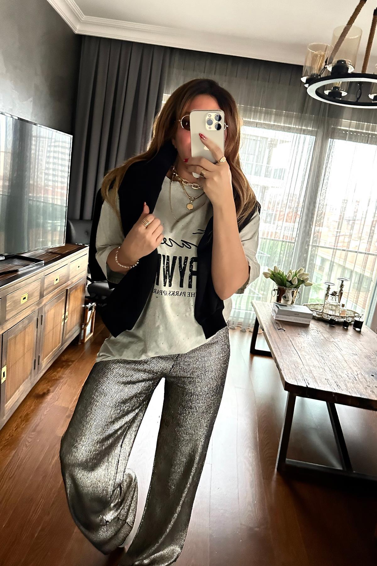 Yıkamalı Delikli Oversize Tshirt Taş