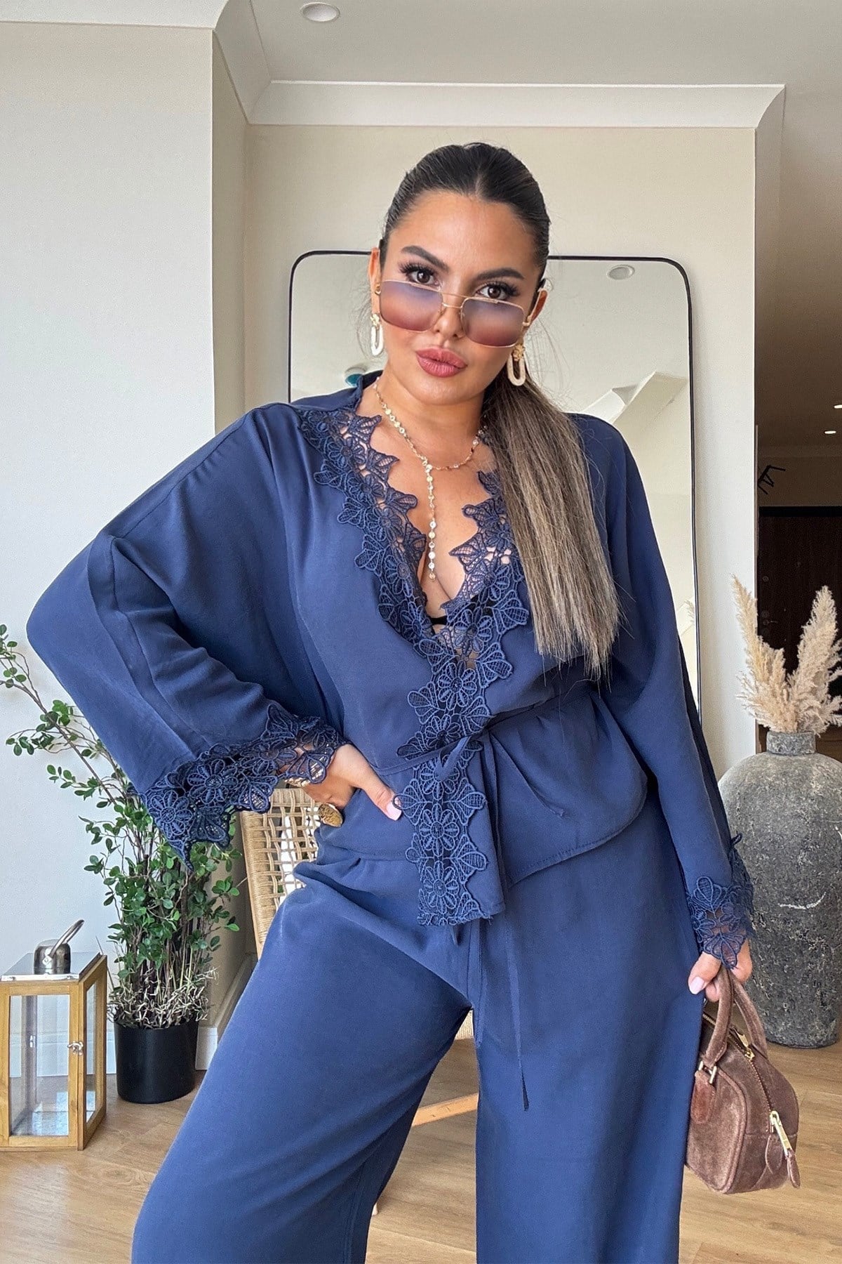 Yıkamalı Kimono Model İşlemeli Takım Lacivert