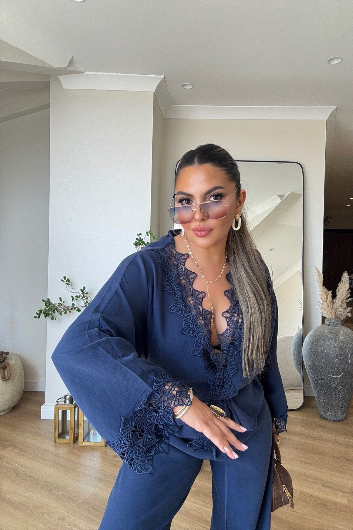Yıkamalı Kimono Model İşlemeli Takım Lacivert