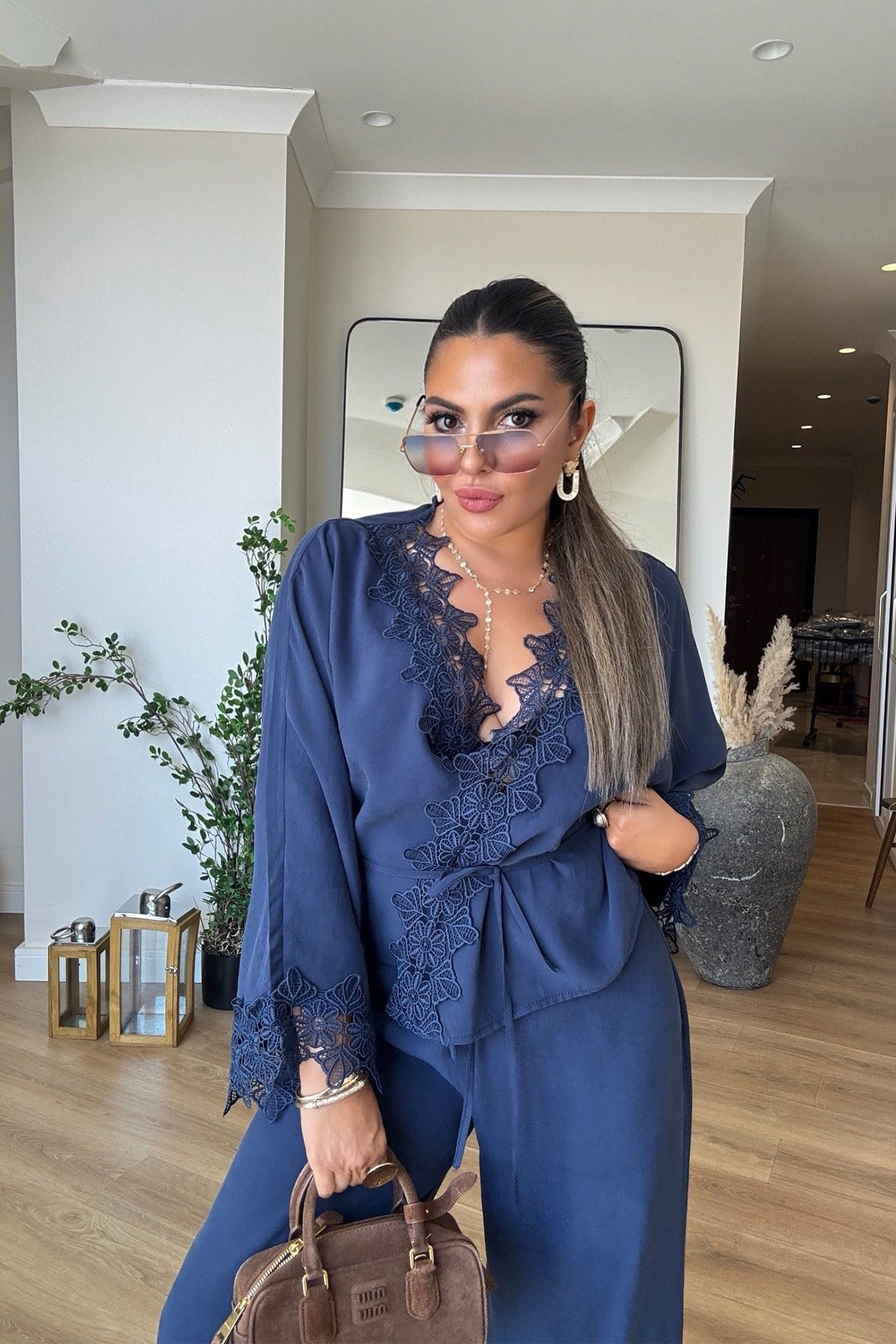 Yıkamalı Kimono Model İşlemeli Takım Lacivert