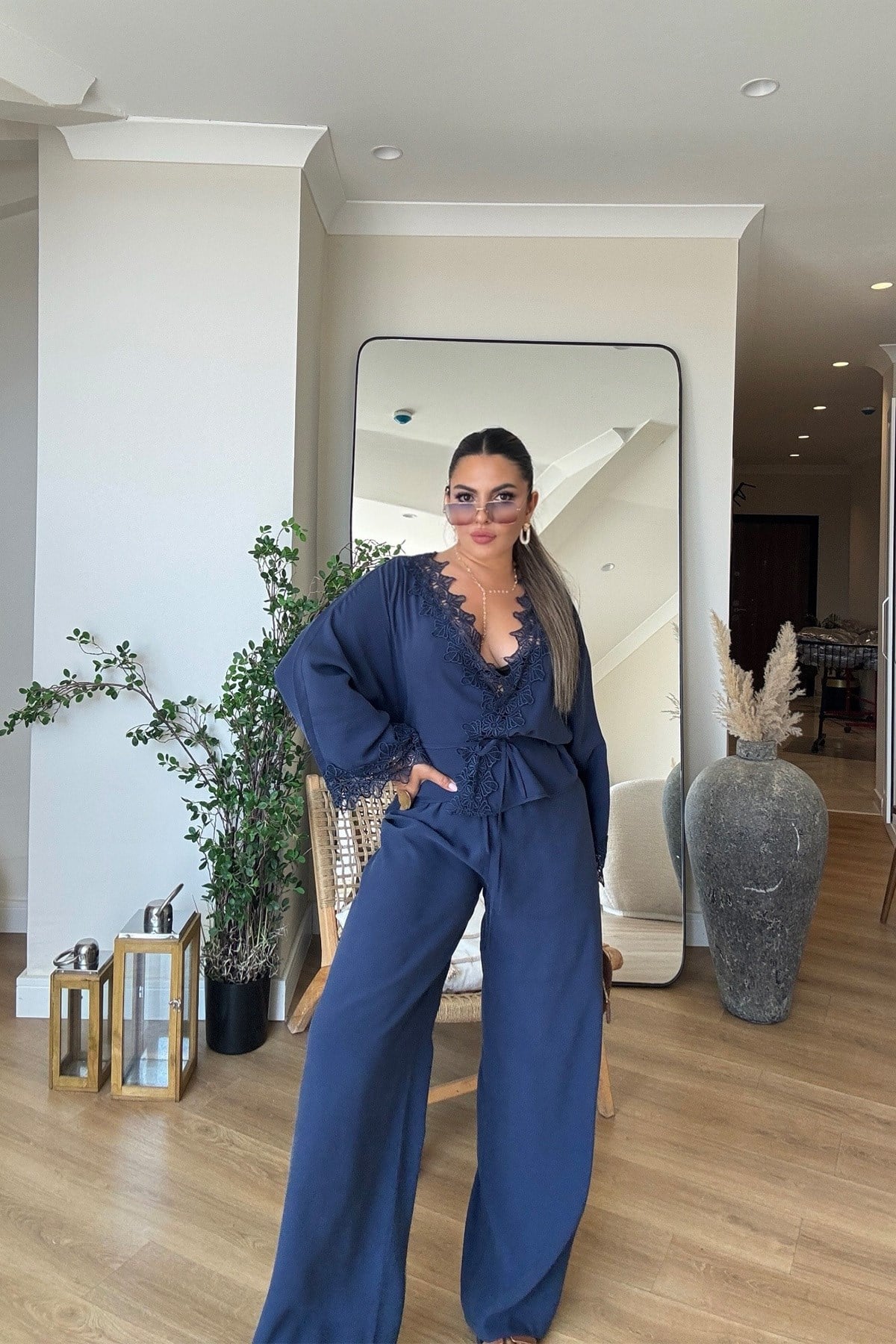 Yıkamalı Kimono Model İşlemeli Takım Lacivert