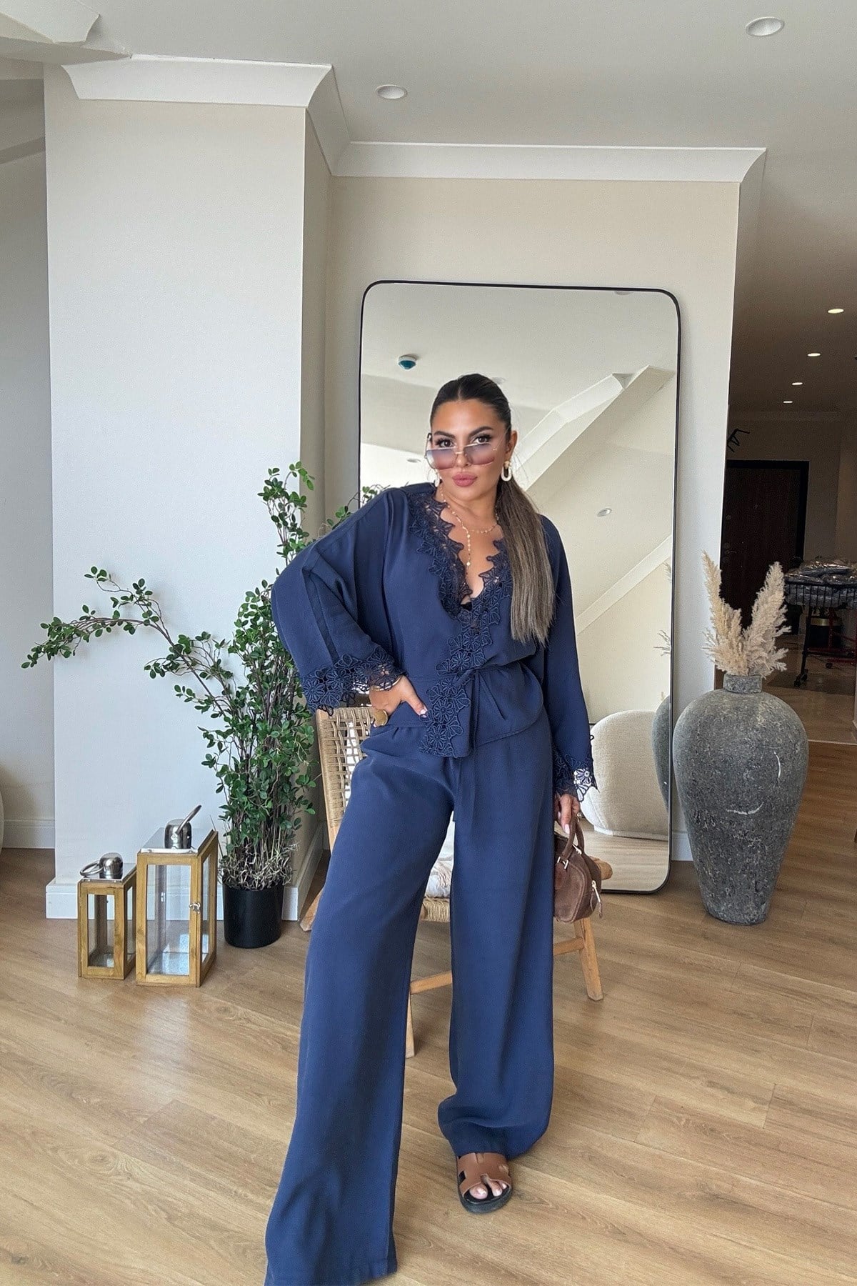 Yıkamalı Kimono Model İşlemeli Takım Lacivert