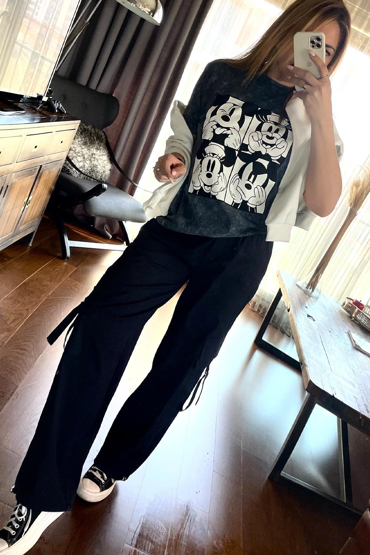 Yıkamalı Mickey Mouse Tshirt Gri