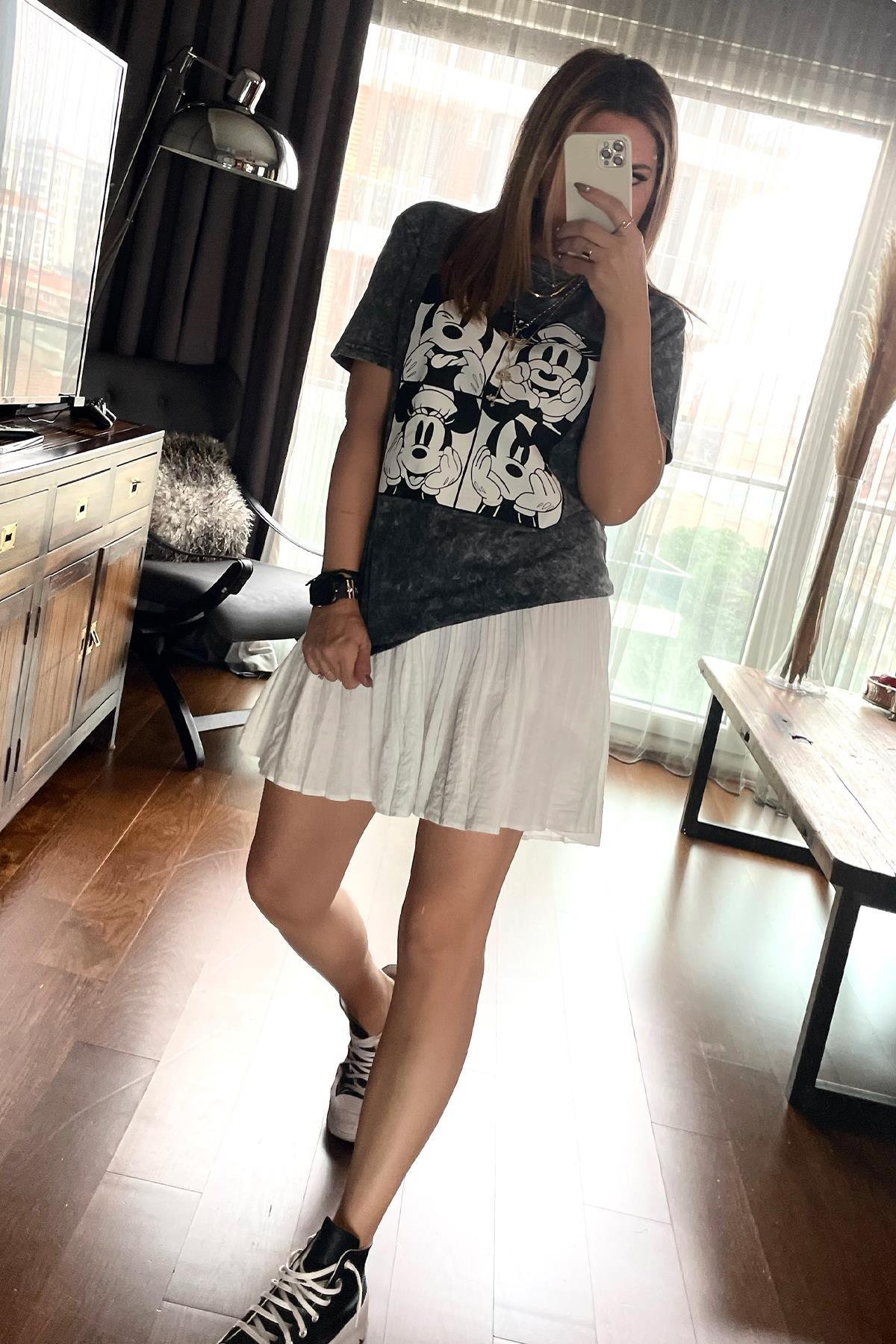 Yıkamalı Mickey Mouse Tshirt Gri