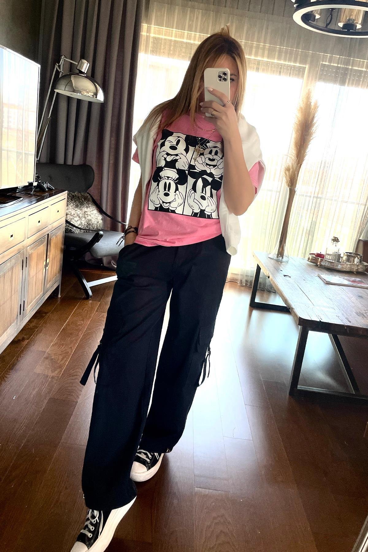 Yıkamalı Mickey Mouse Tshirt Pembe