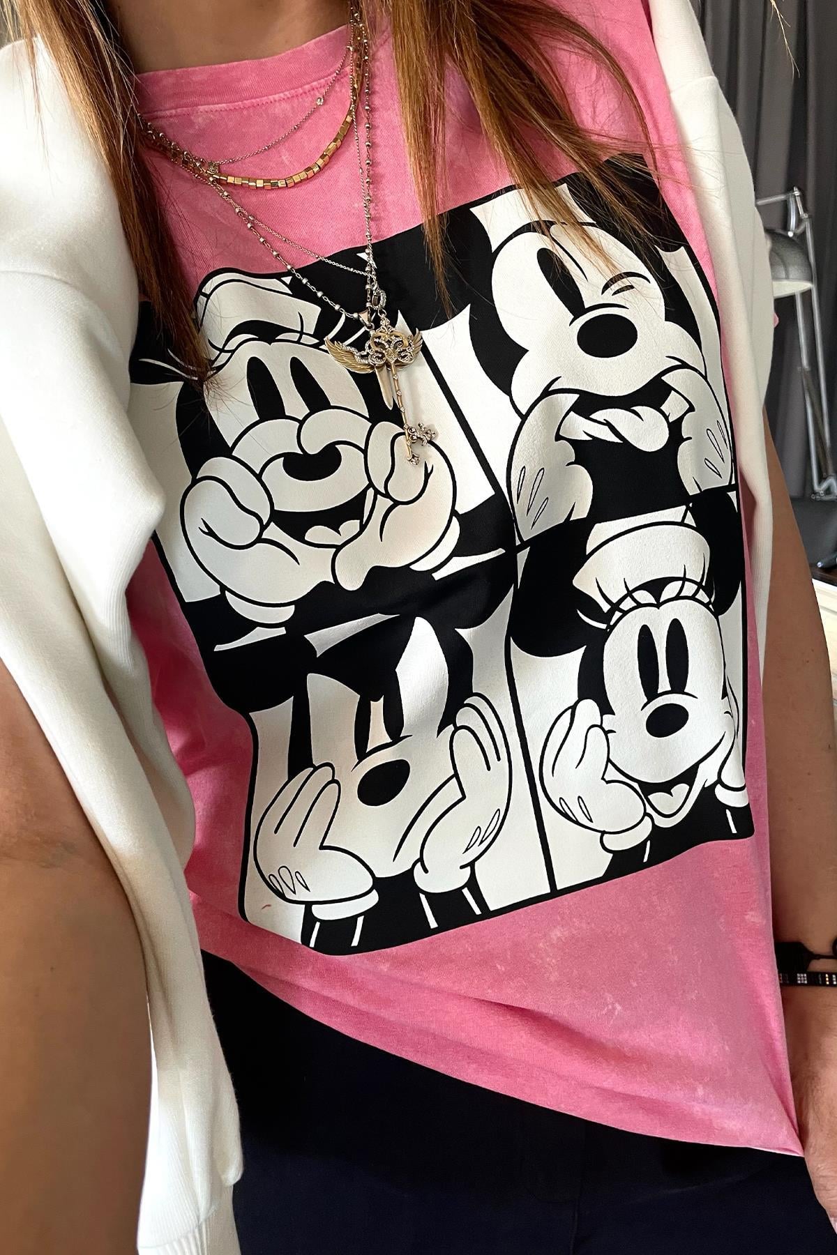 Yıkamalı Mickey Mouse Tshirt Pembe