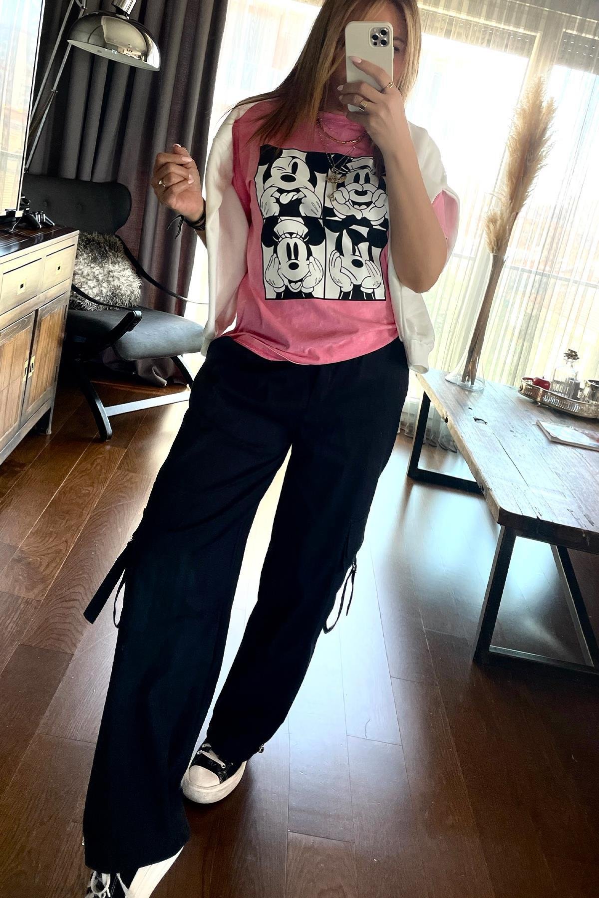 Yıkamalı Mickey Mouse Tshirt Pembe