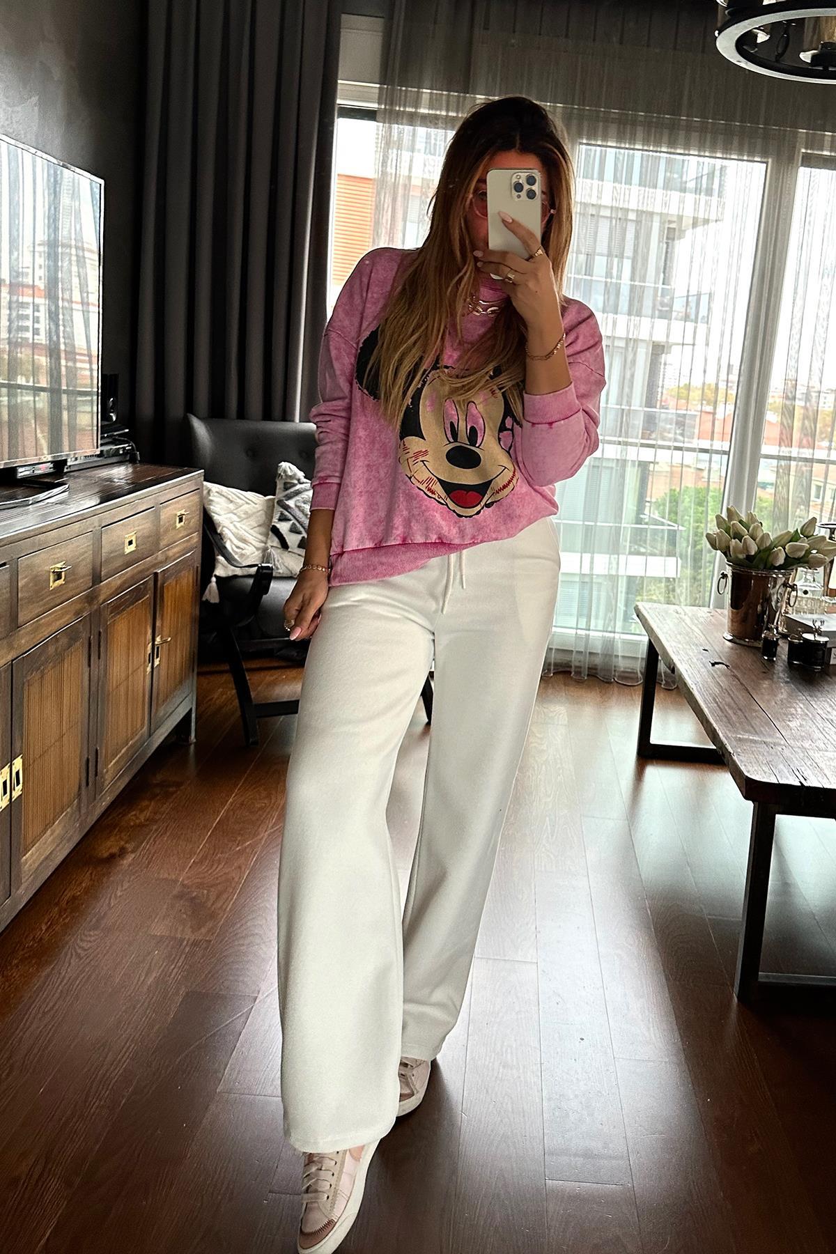 Yıkamalı Mickey Sweat Pembe