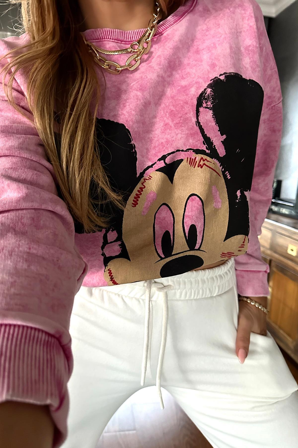Yıkamalı Mickey Sweat Pembe