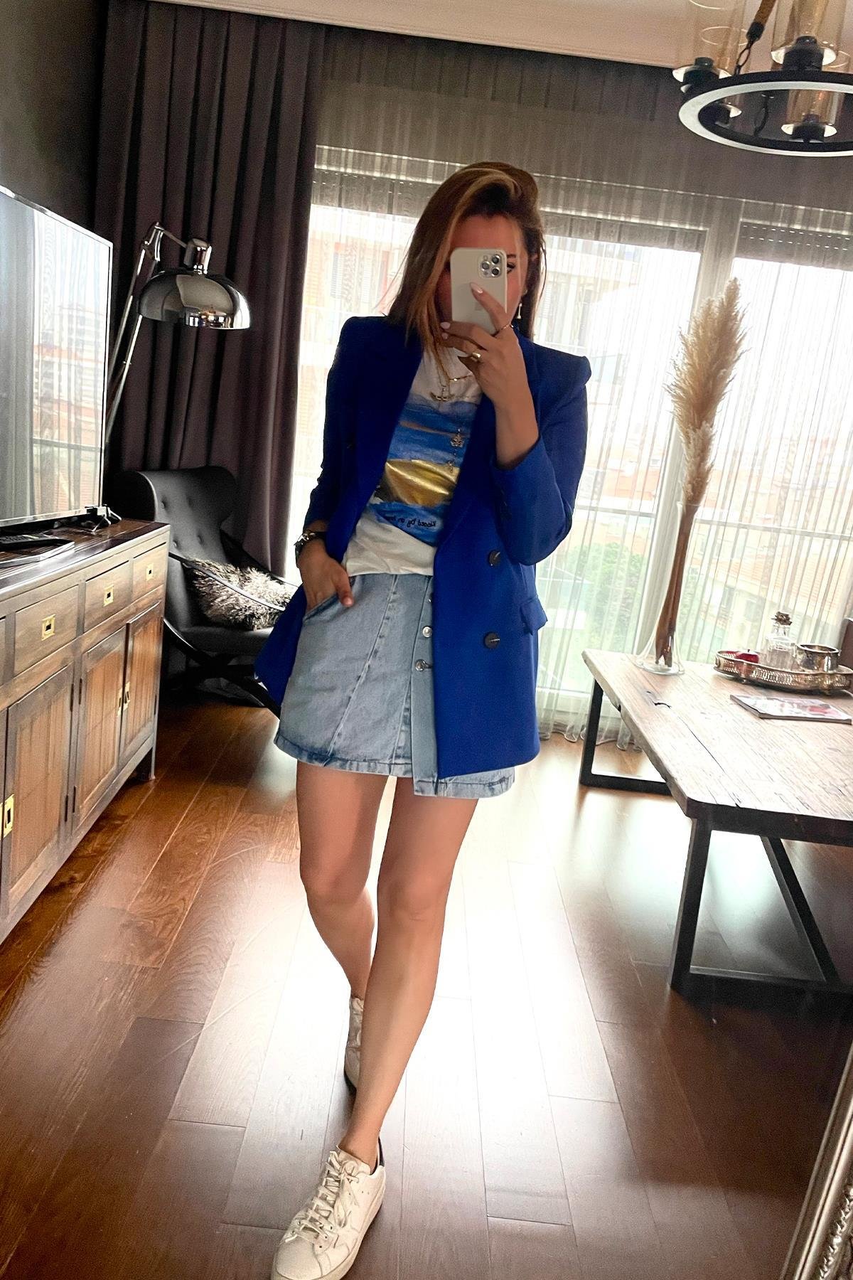 Yıkamalı Mini Jean Etek Mavi