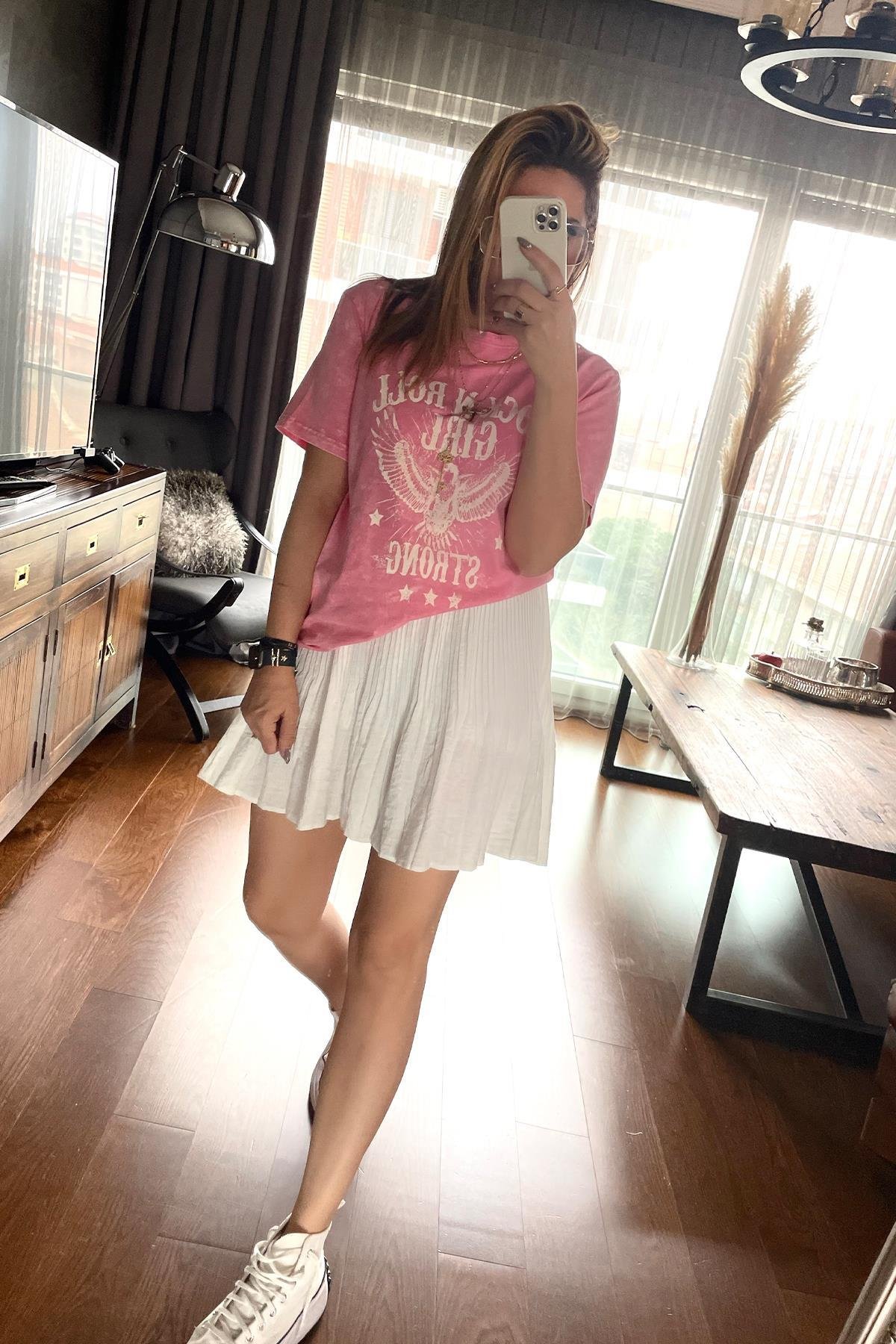 Yıkamalı Rock & Roll Tshirt Pembe