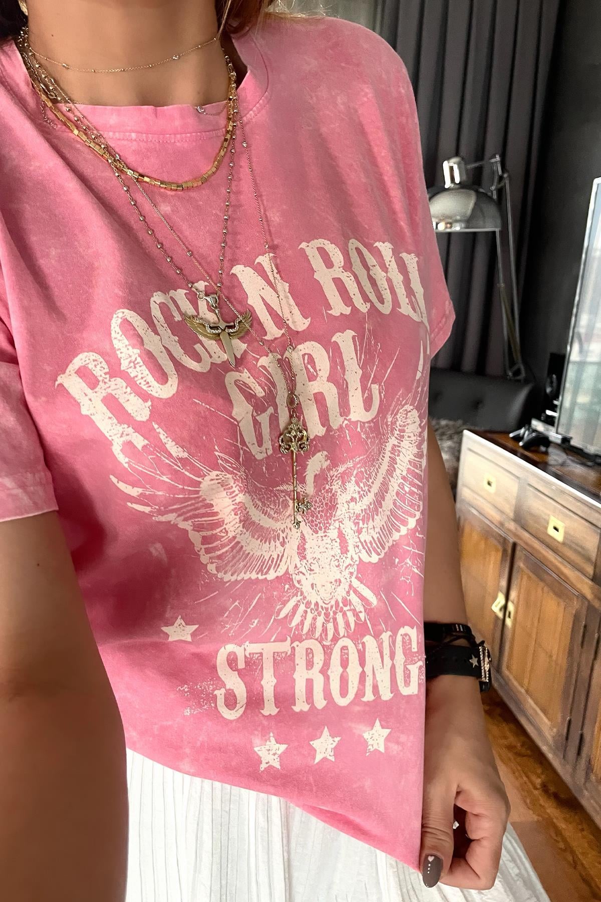 Yıkamalı Rock & Roll Tshirt Pembe