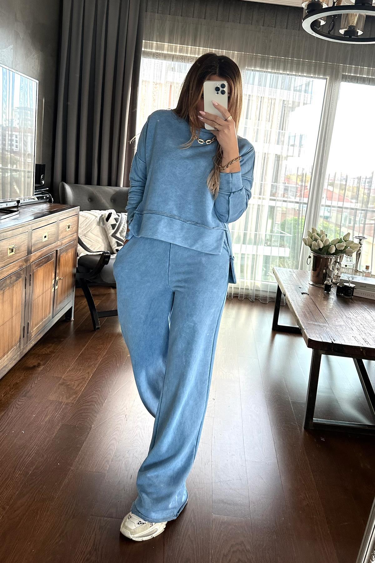 Yıkamalı Tasarım Sweat Mavi