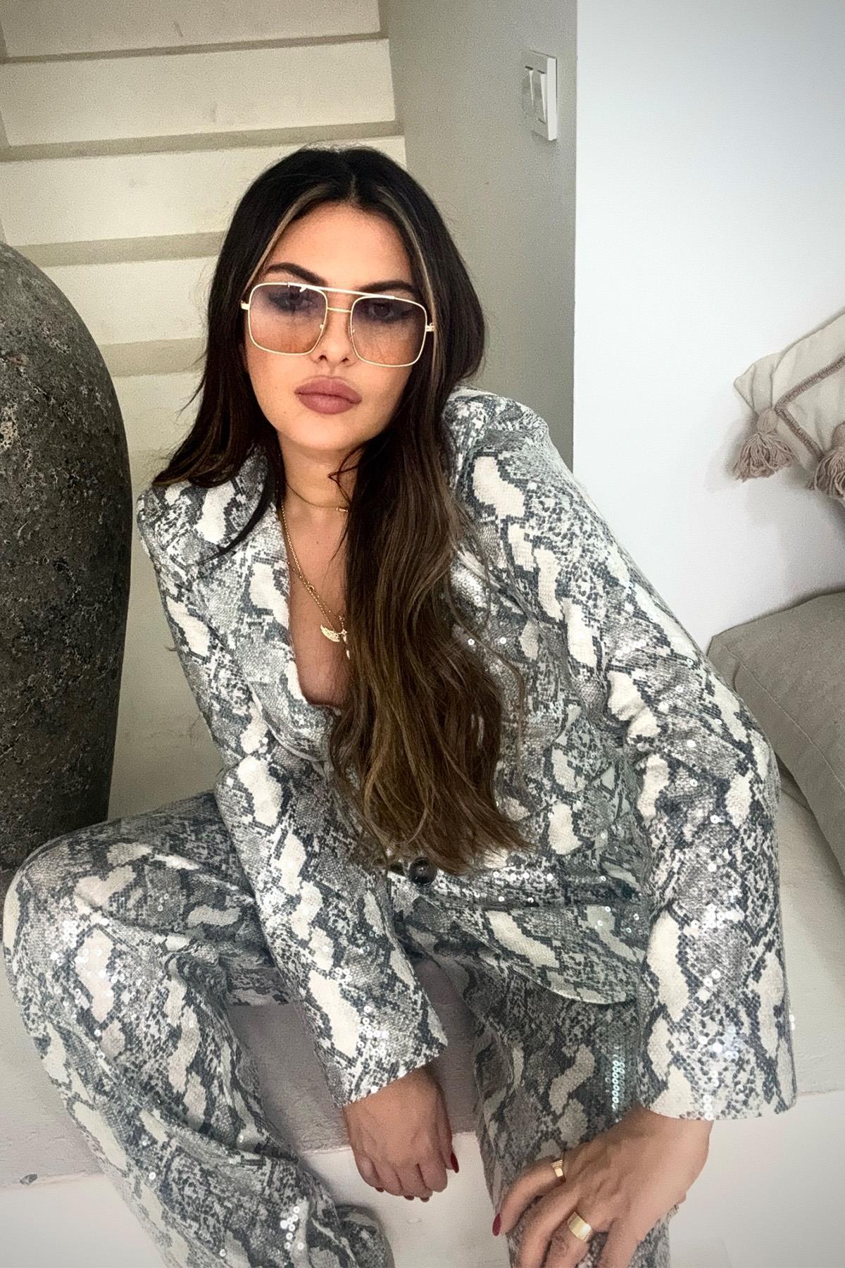 Yılan Derisi Baskı Payet Blazer Ceket Gri