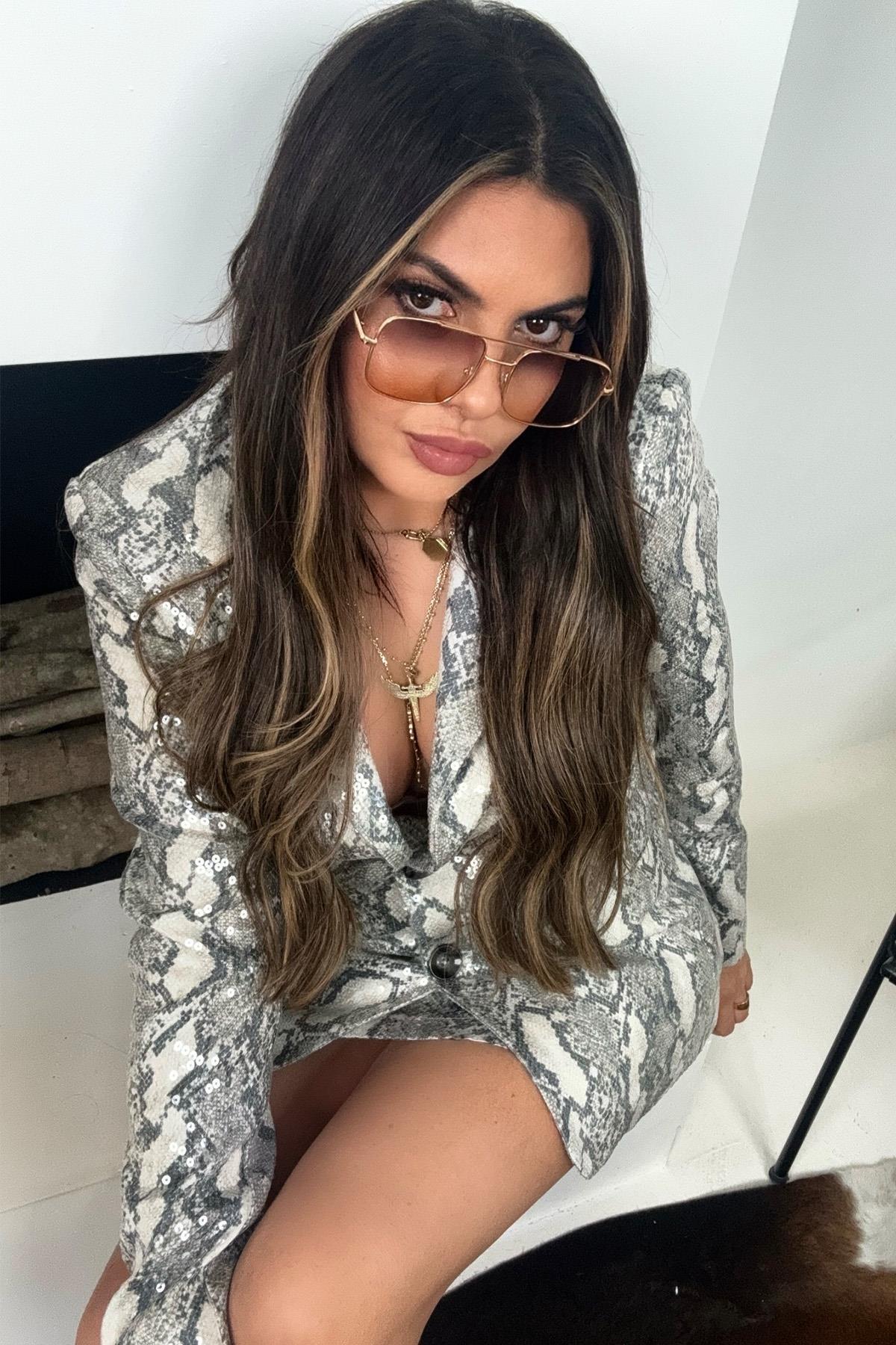 Yılan Derisi Baskı Payet Blazer Ceket Gri
