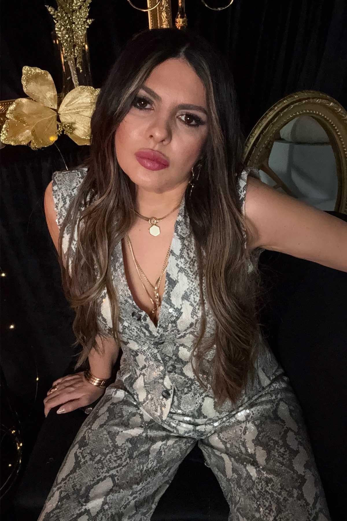 Yılan Derisi Baskı Payet Yelek Gri