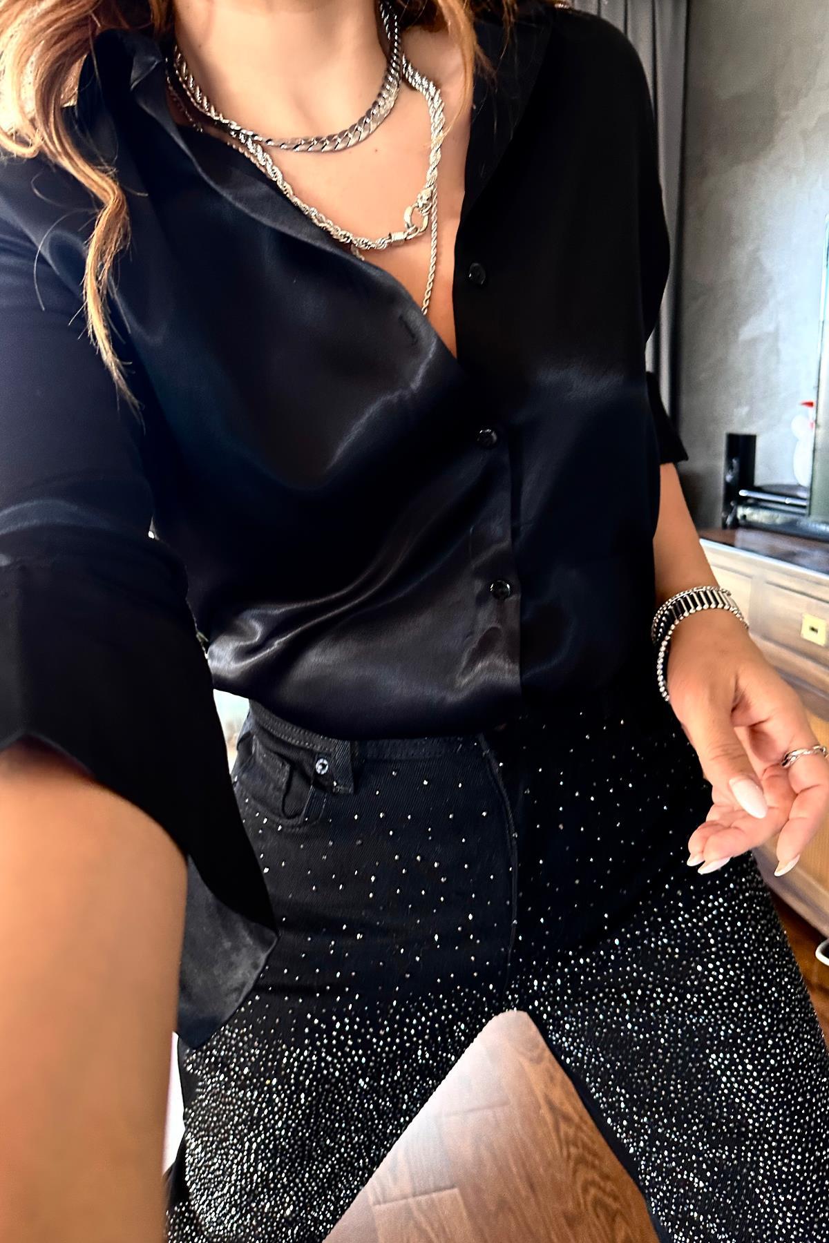 Yıldız Efektli Taşlı Jean Siyah