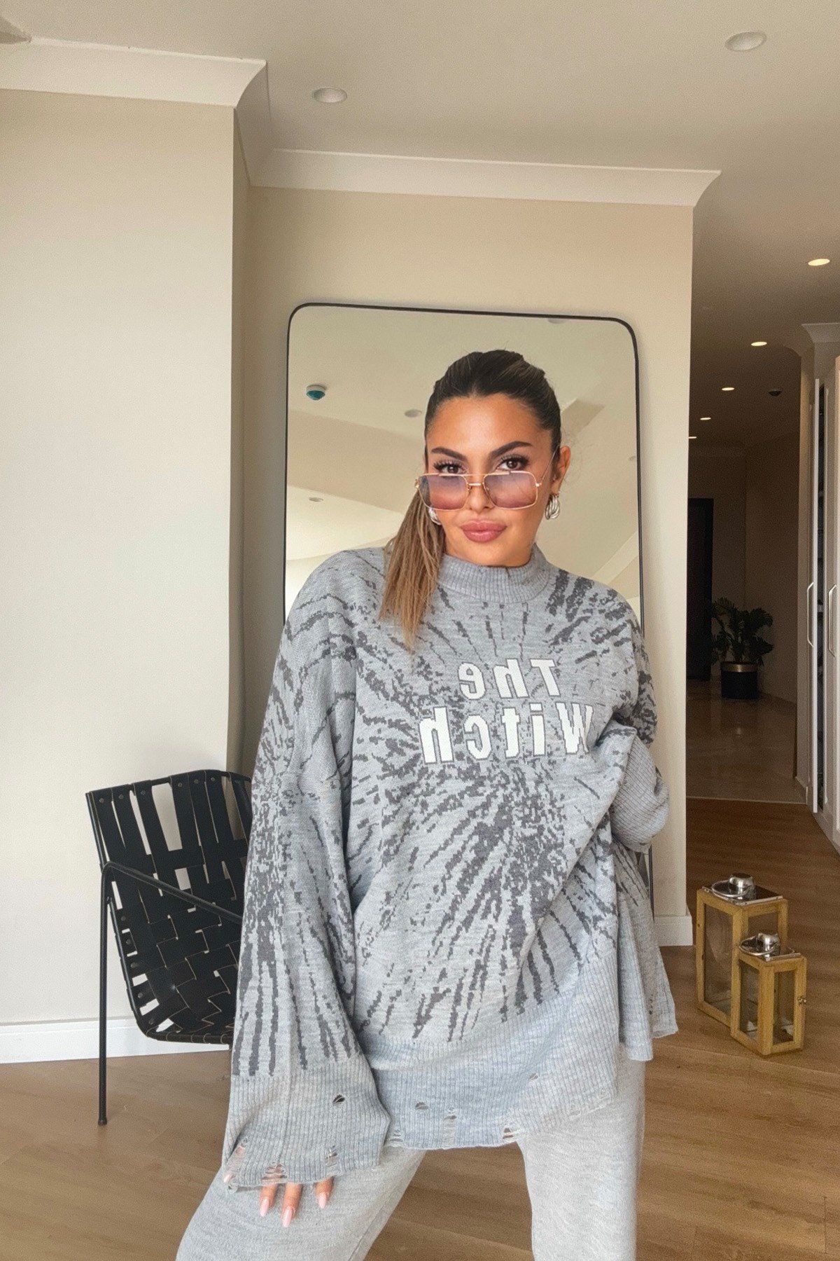 Yırtık Detaylı Oversize Triko Takım Gri