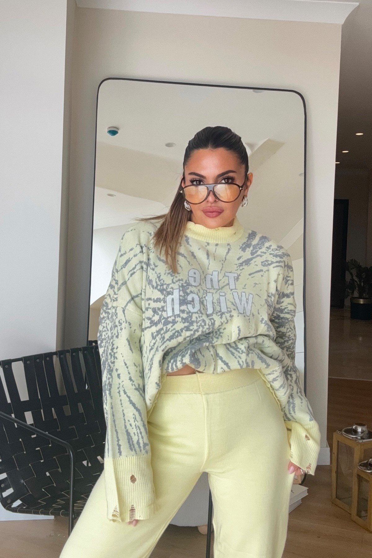 Yırtık Detaylı Oversize Triko Takım Sarı