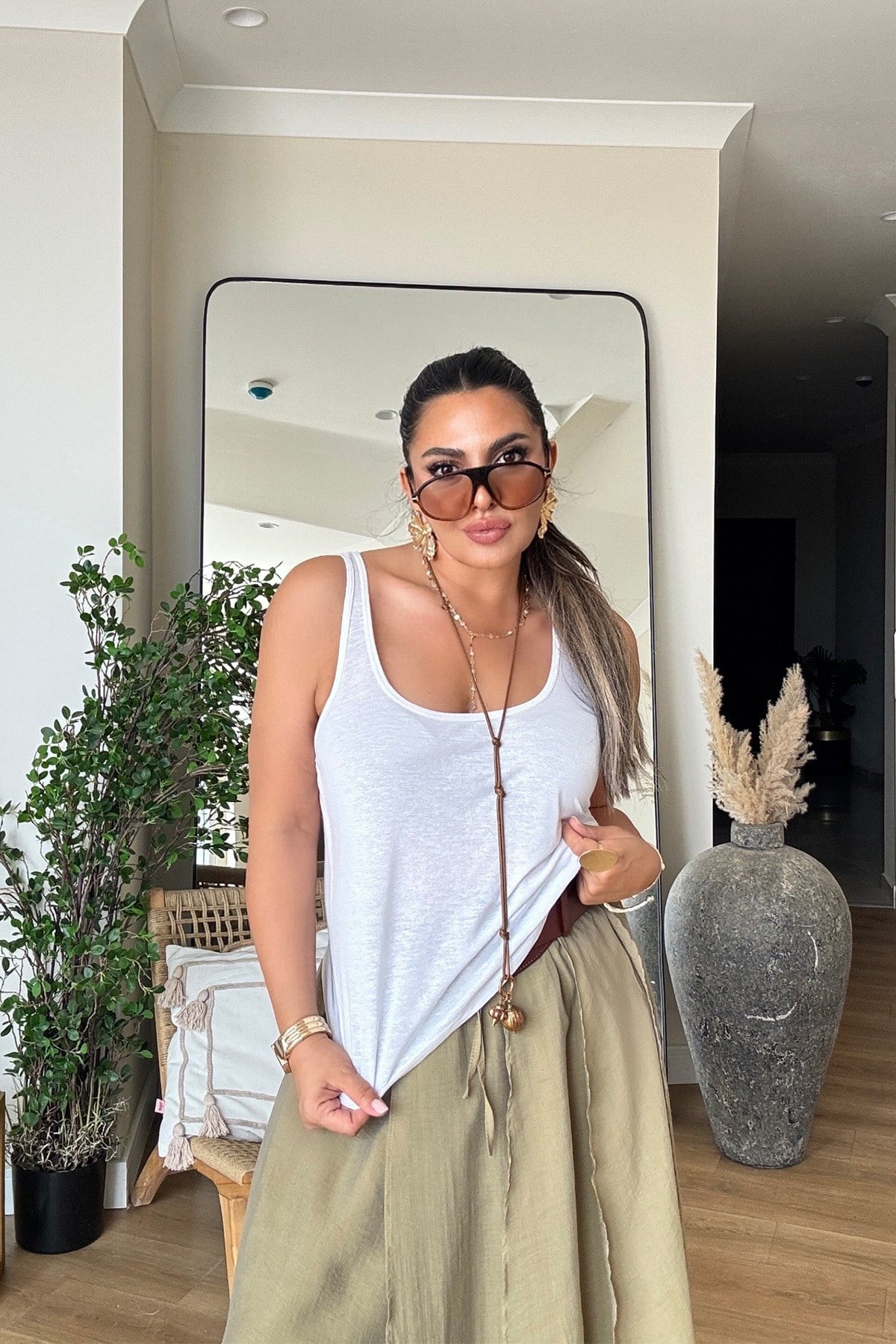 Yuvarlak Yaka Askılı Keten Karışımlı Bluz Beyaz