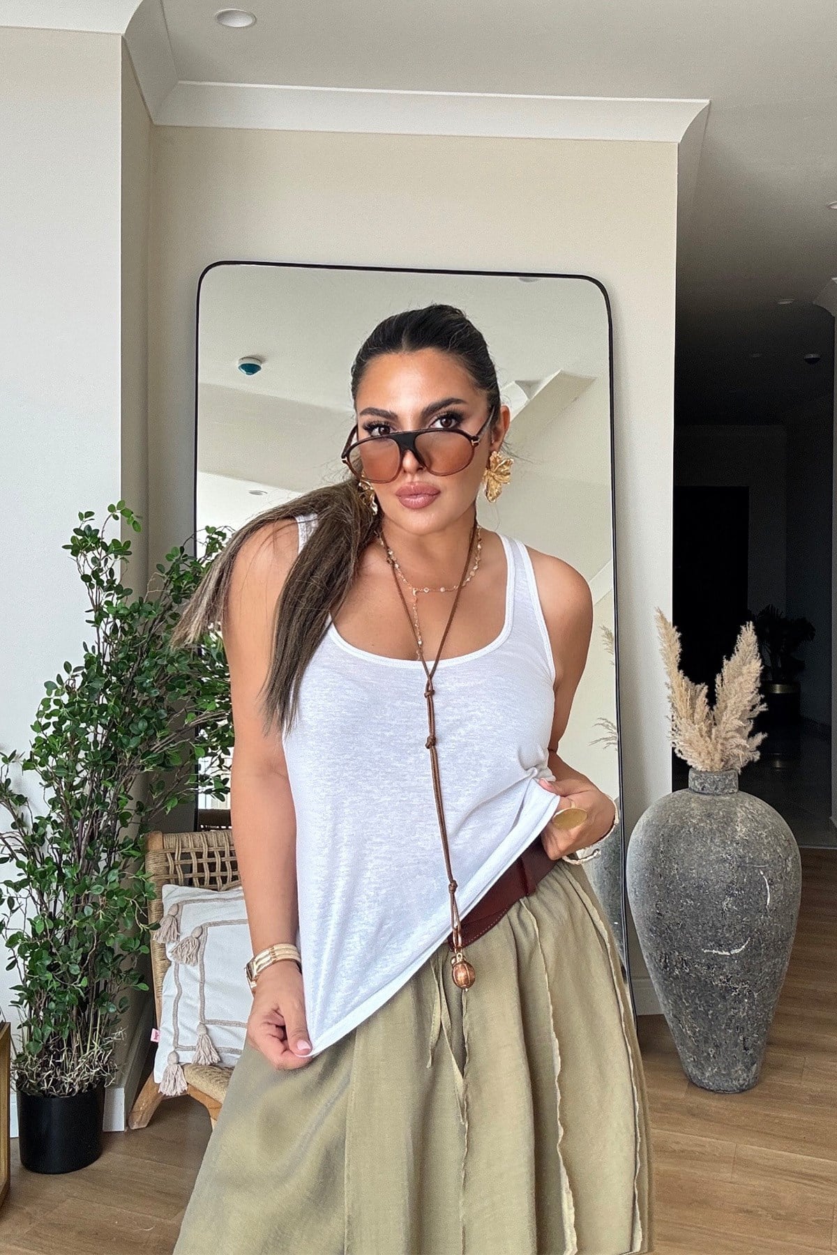 Yuvarlak Yaka Askılı Keten Karışımlı Bluz Beyaz