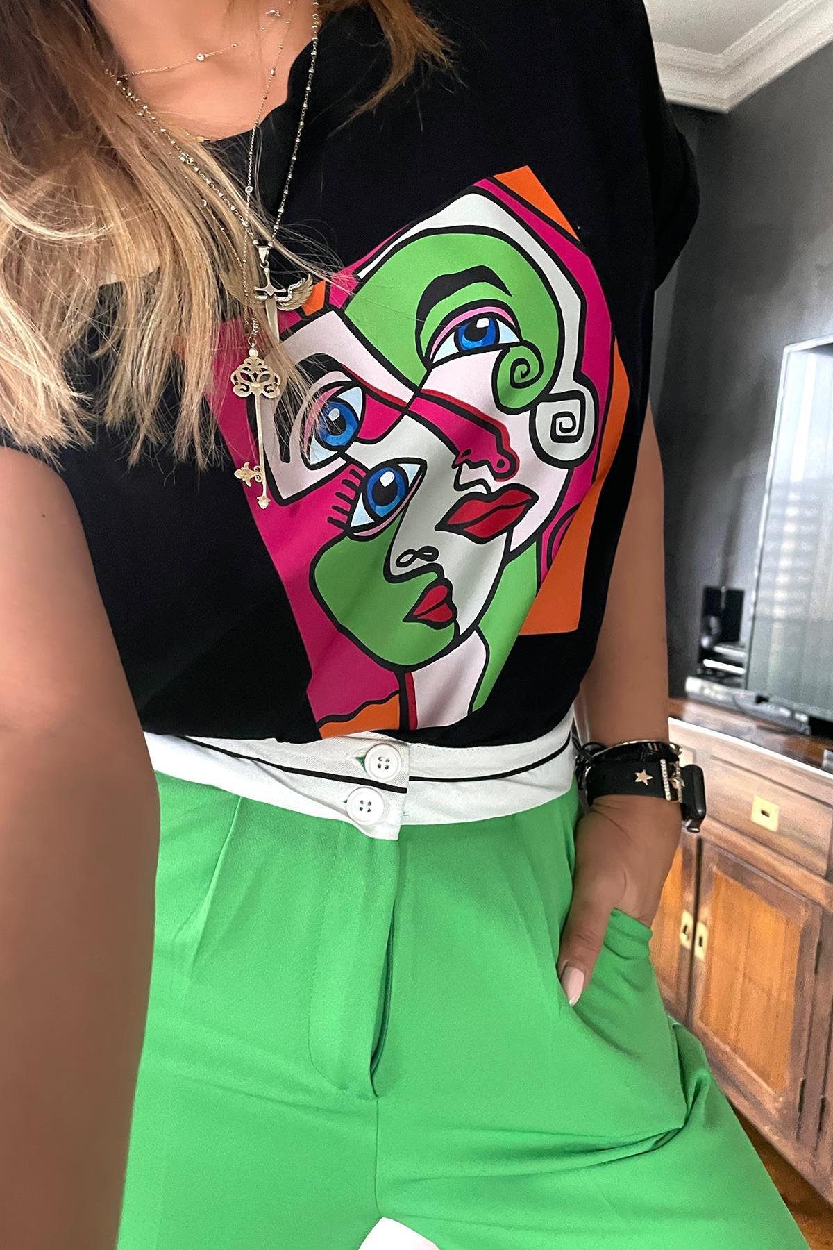 Yüz Figürlü Tablo Baskılı Tshirt Siyah