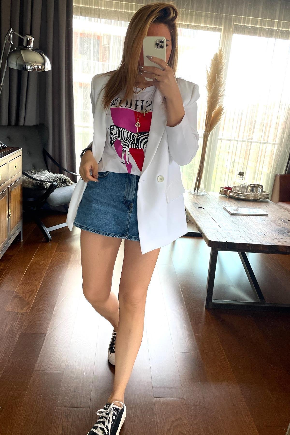 Zebra Baskılı Tshirt Beyaz
