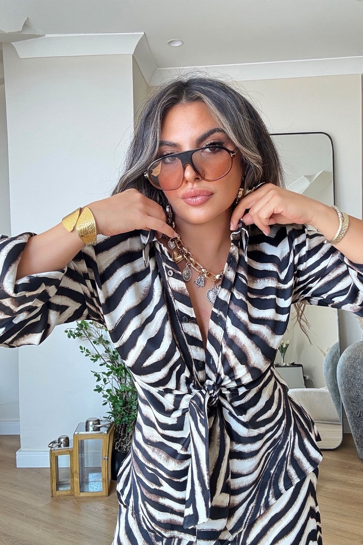 Zebra Desen Viskon Saten Bağlamalı Takım Renkli