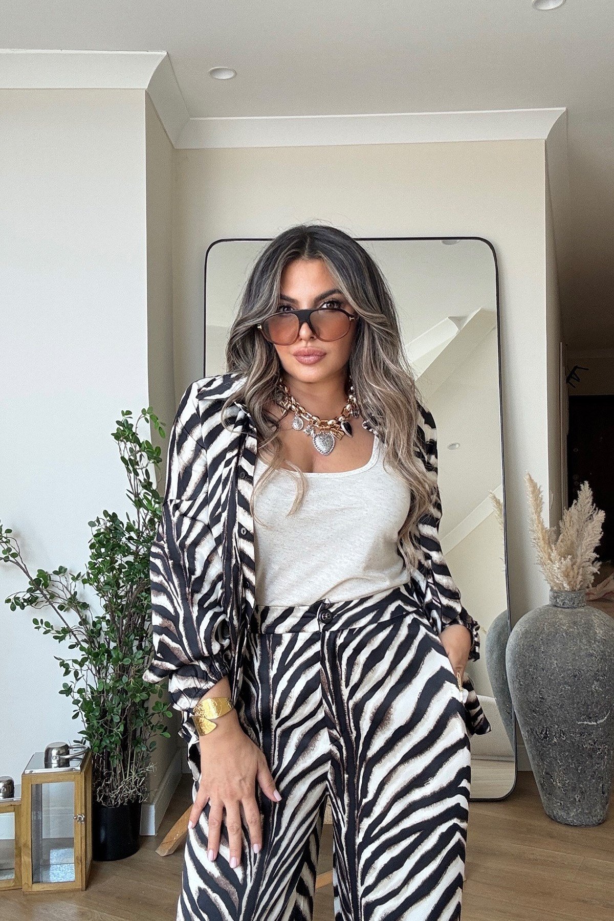 Zebra Desen Viskon Saten Bağlamalı Takım Renkli
