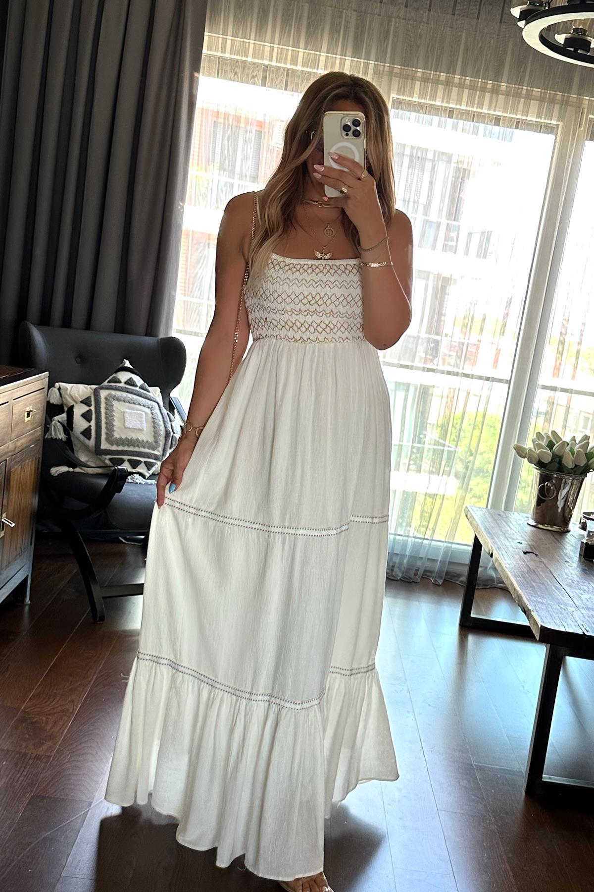 Zigzag Gipe Detaylı Askılı Elbise Ekru