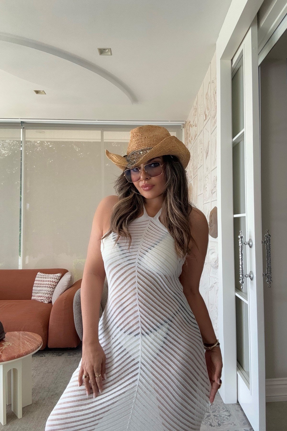 Zigzag Örme Delikli Triko Beach Elbise Ekru