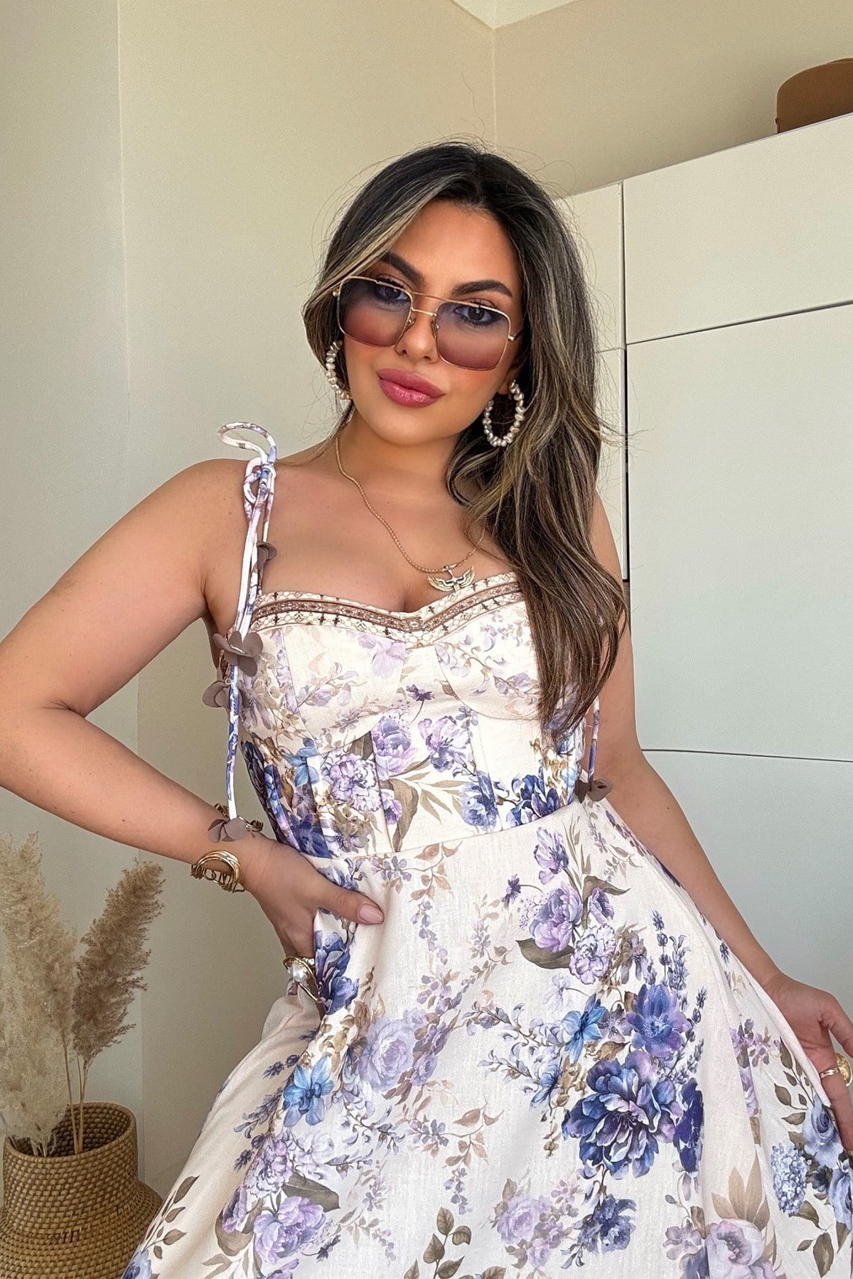 Zimmer Keten Doku Çiçek Bağcıklı Elbise lila ekru
