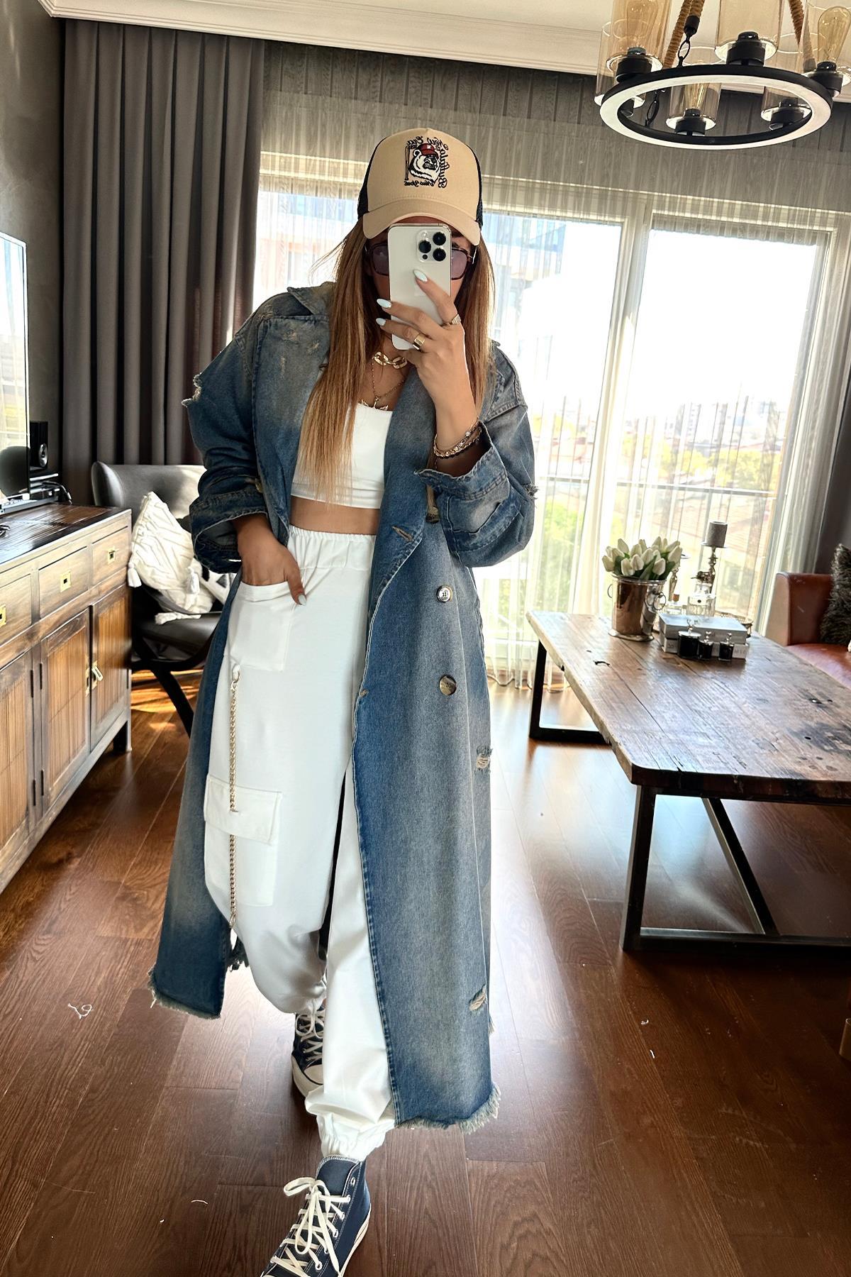Zincirli Jogger Pantolon Ekru