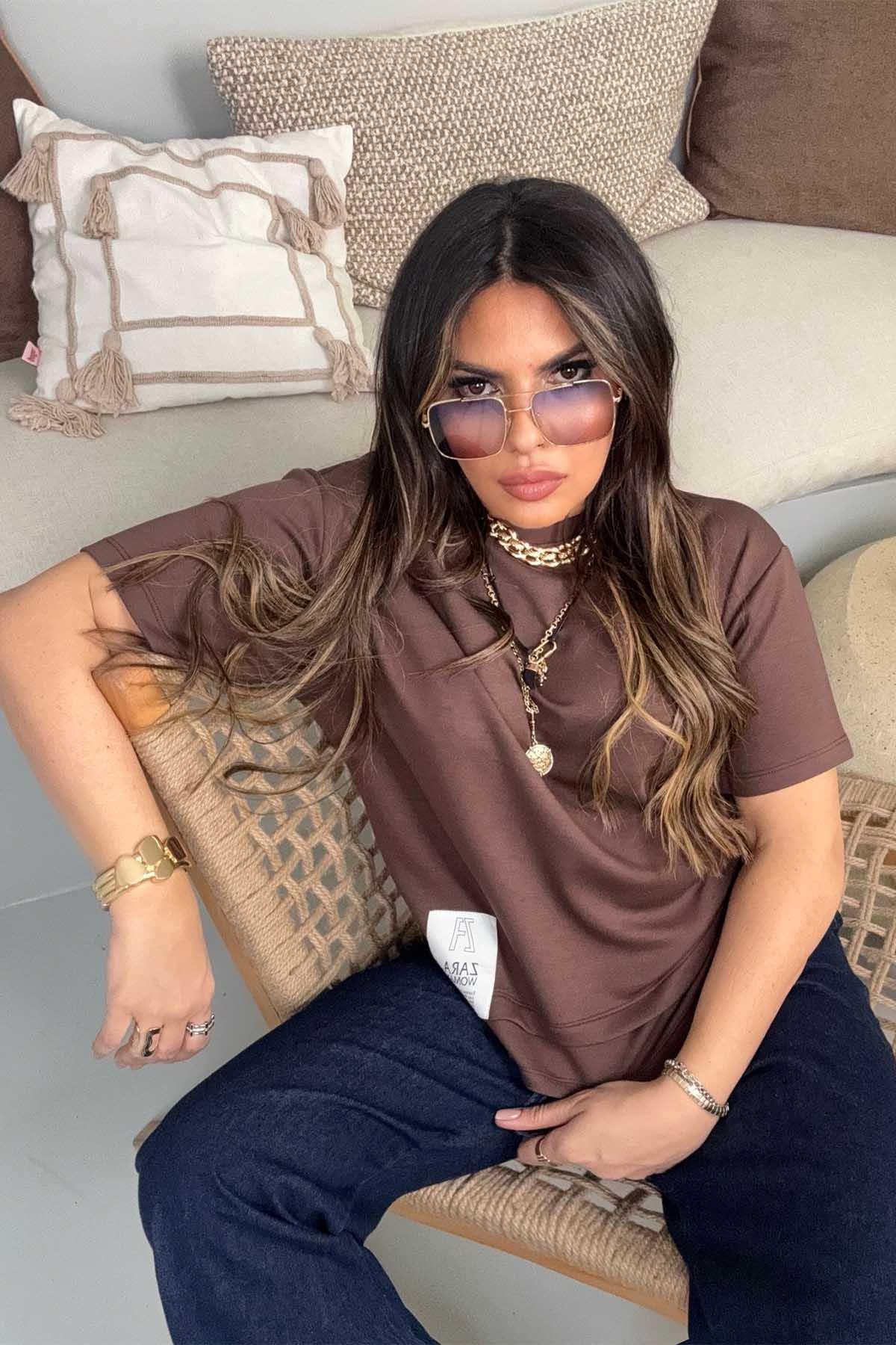 ZR Basic Bisiklet Yaka Tshirt Acı Kahve