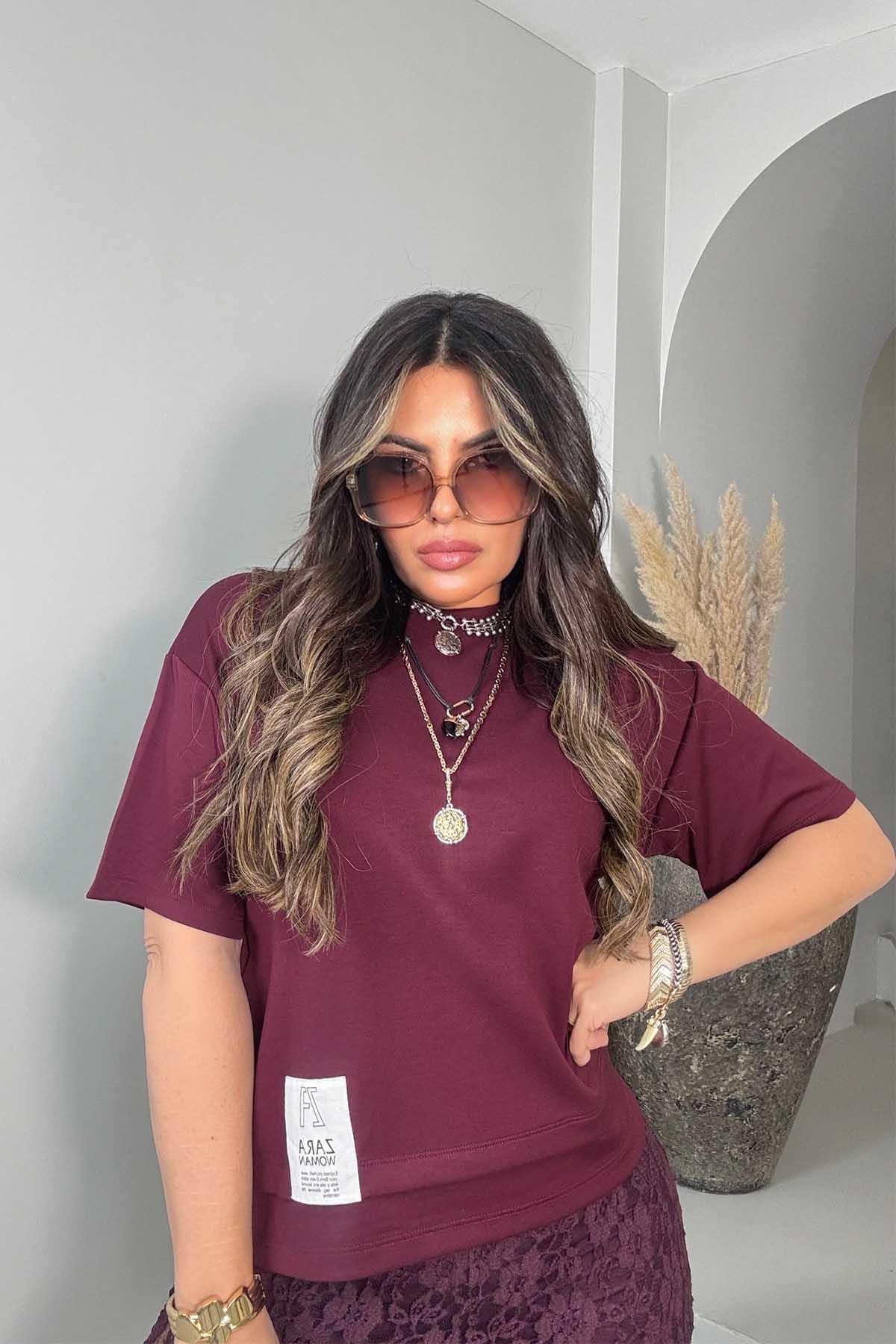 ZR Basic Bisiklet Yaka Tshirt Bordo